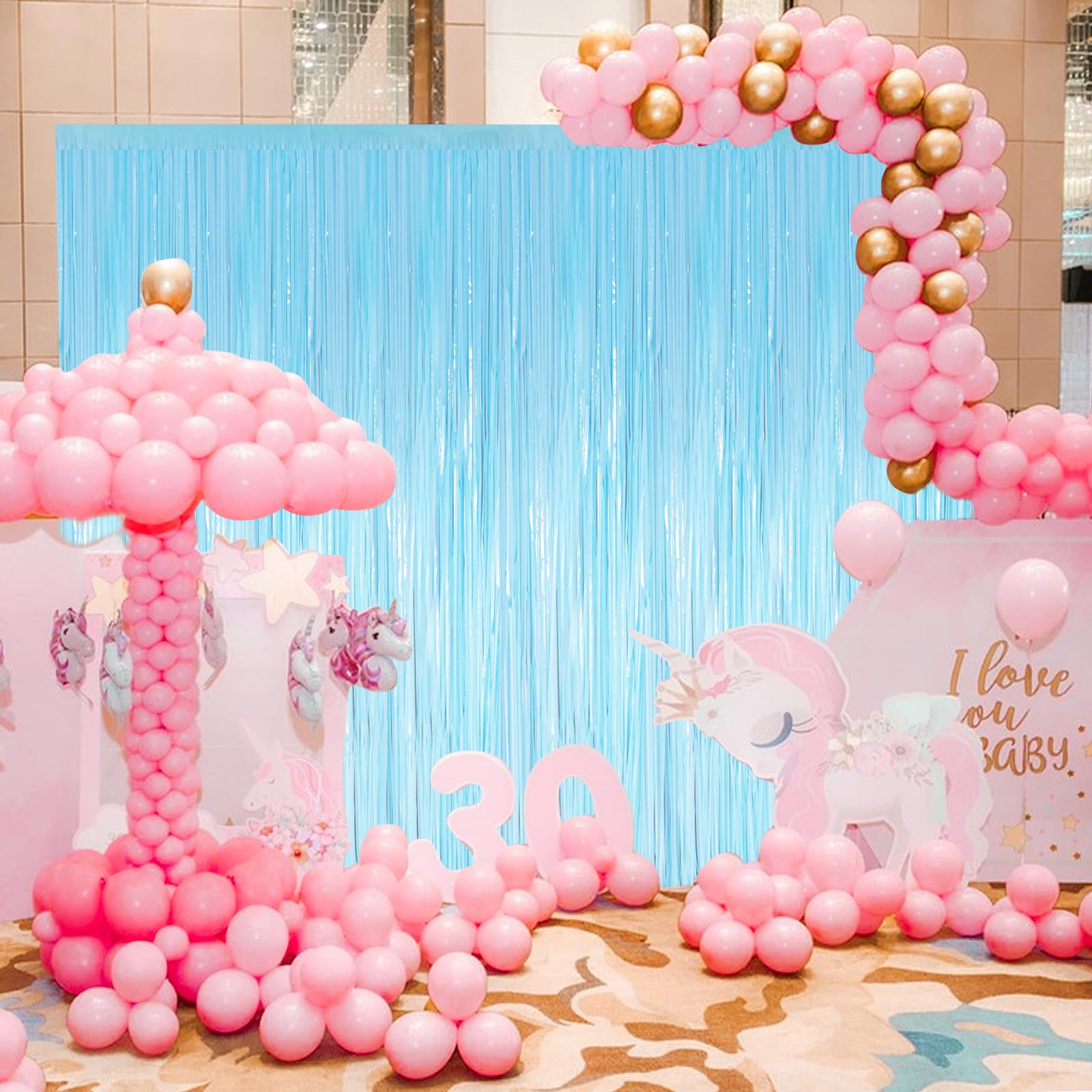 Macaron Light Blue Metallic Tinsel Foil Fringe Curtains, 2 Pack 3.3X8.3 Feet Party Streamer For Birthday Party Decorations, Hall