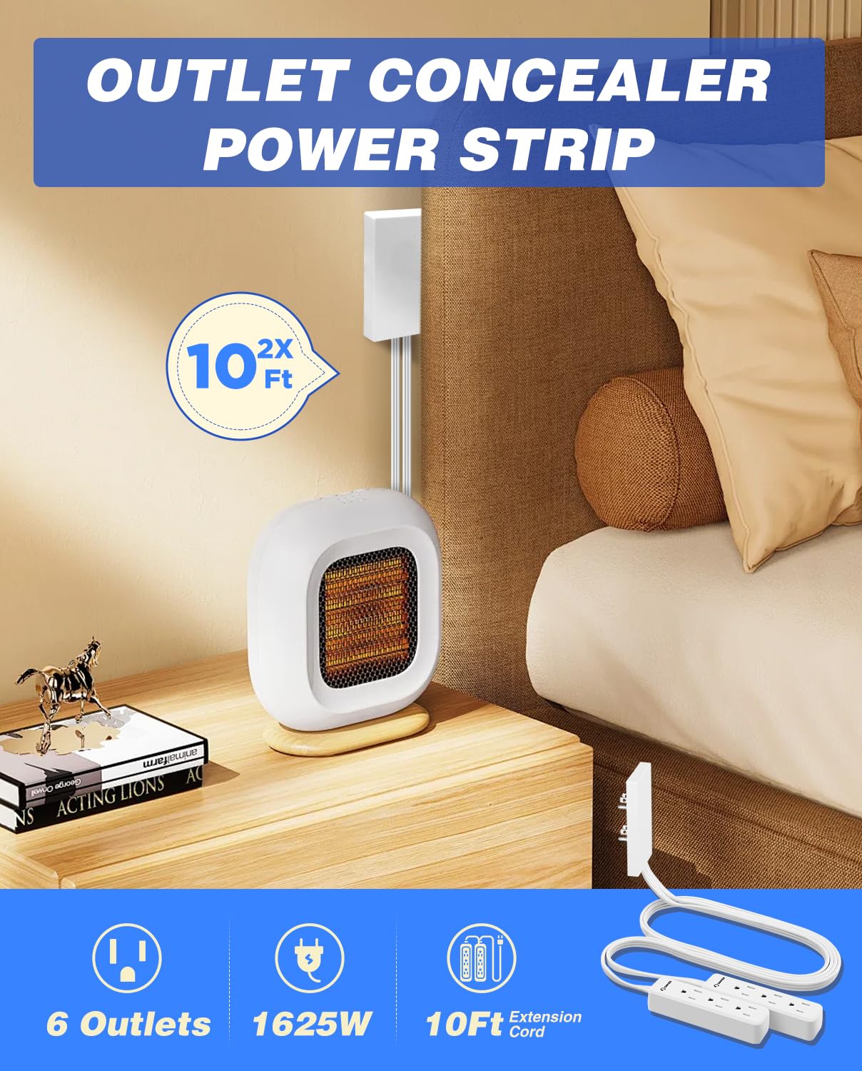 Saker Outlet Cover Extension Cord | 10Ft Flat Extension Cord With 3 Outlets,1625W | Universal Size Outlet Concealer | Outlet Cov