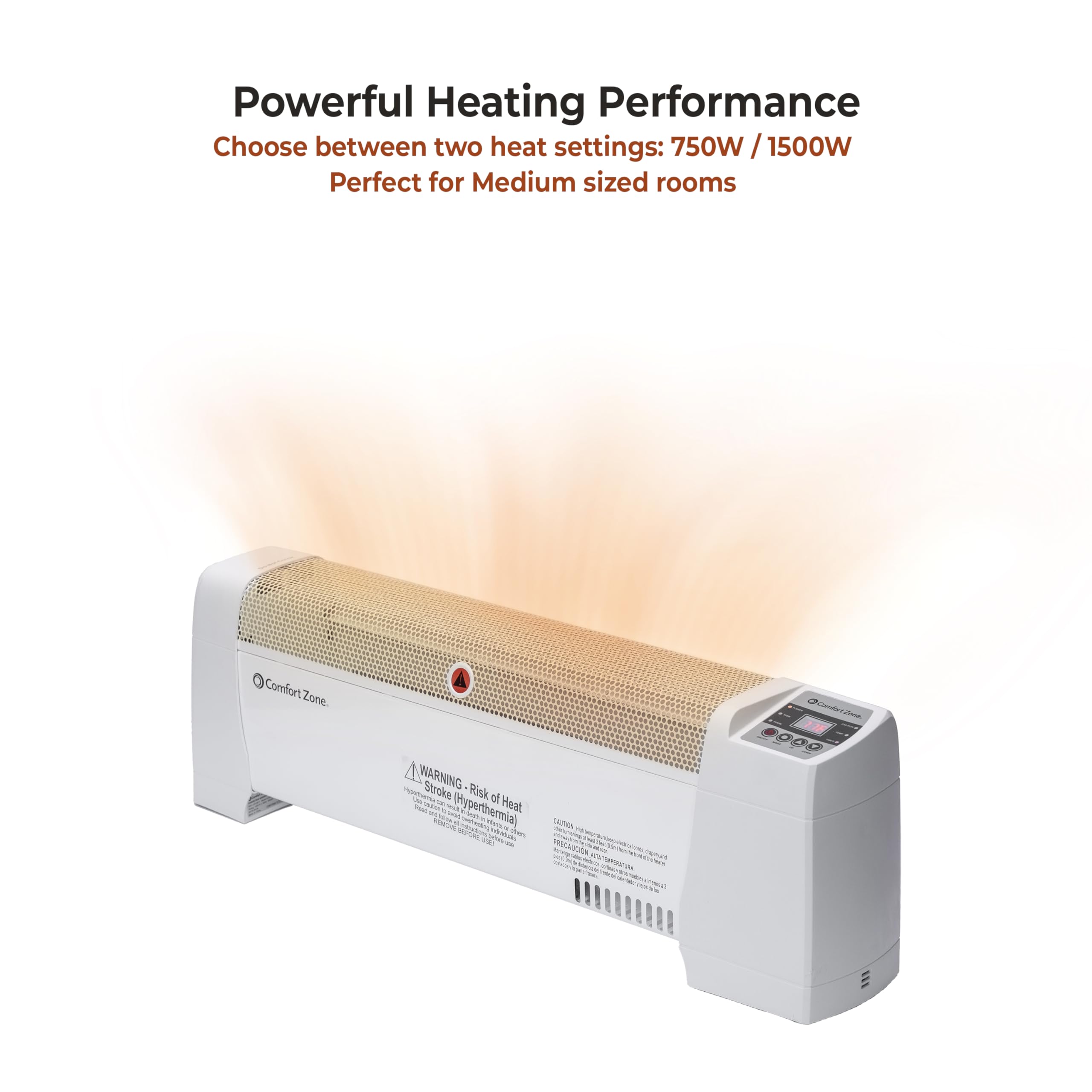 Comfort Zone Space Heaters For Indoor Use, Baseboard Heater, Bedroom Heater, Digital Adjustable Thermostat, Dent Proof Ends, Por