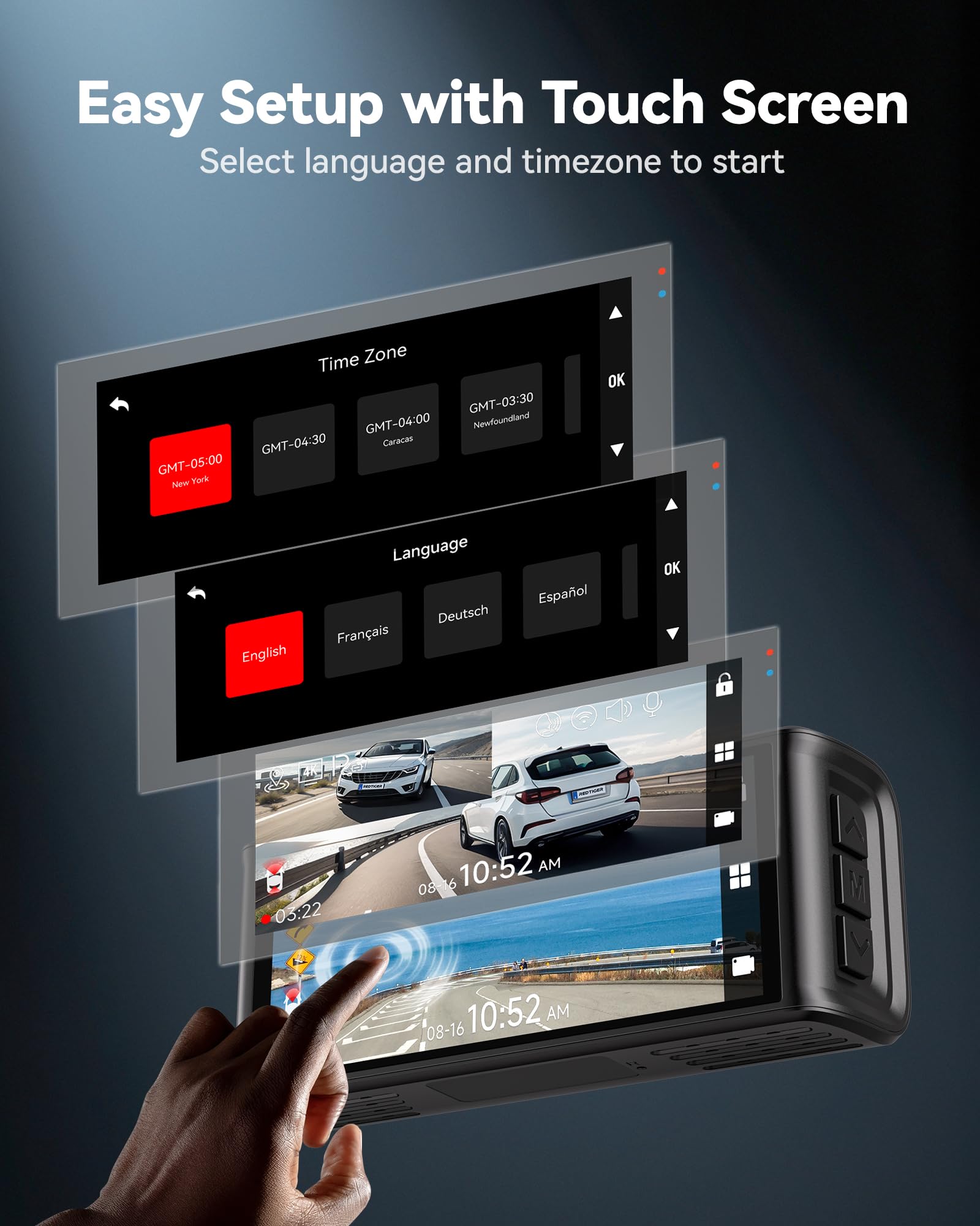 Redtiger 4K Dash Cam Front And Rear, Starvis 2 Sensor, Touch Screen 3.18'', 128Gb Card Included, Voice Control, 5.8Ghz Wifi Car