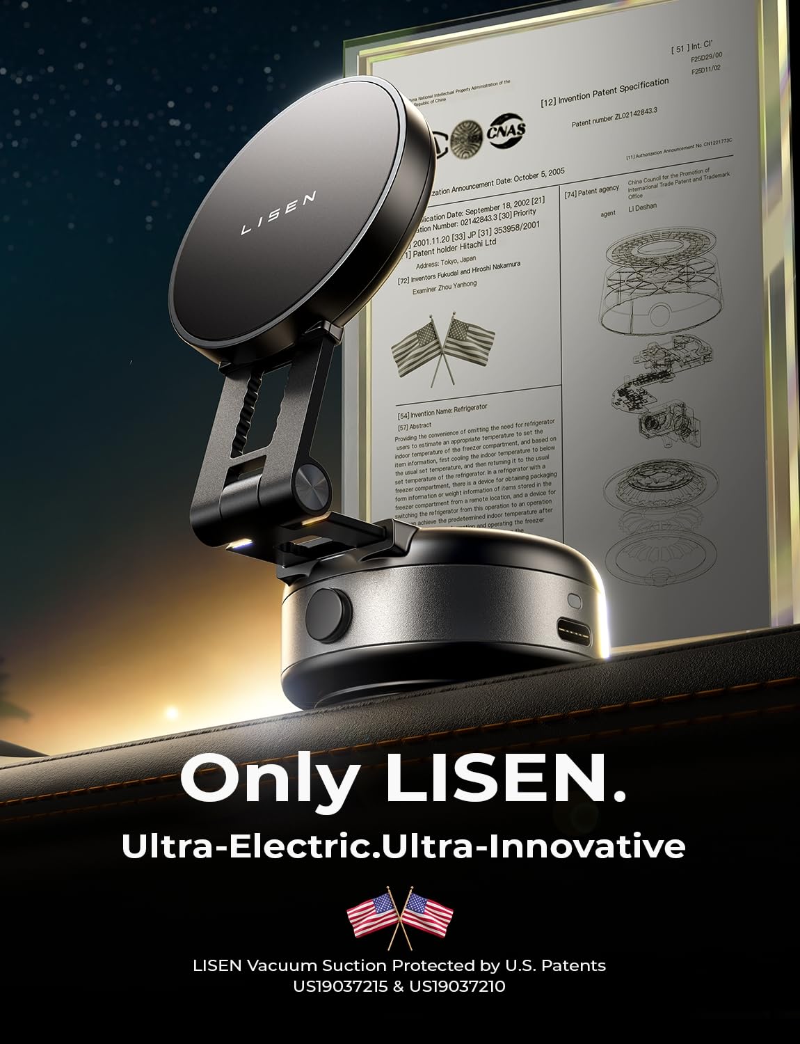 Lisen Portable Vacuum Magnetic Phone Holder Stand, Electric Vacuum Suction Phone Holder For Magsafe, Suction Cup Phone Mount Fol