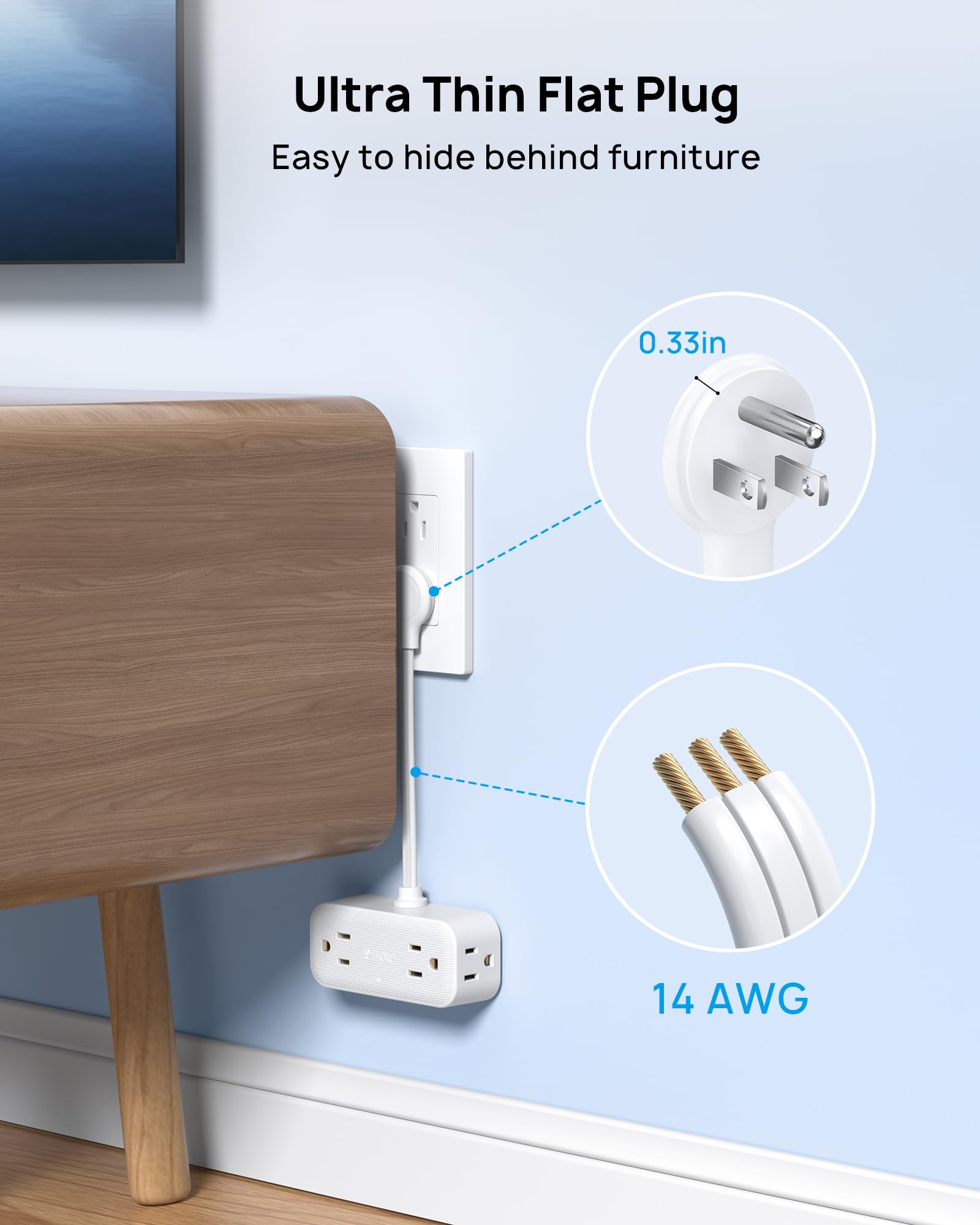 Trond Outlet Extender With 6 Inch Cord, Flat Plug Adapter For Inverted Sockets, 4 Electrical Sockets, 4 Usb Ports, Multi Plug Wa