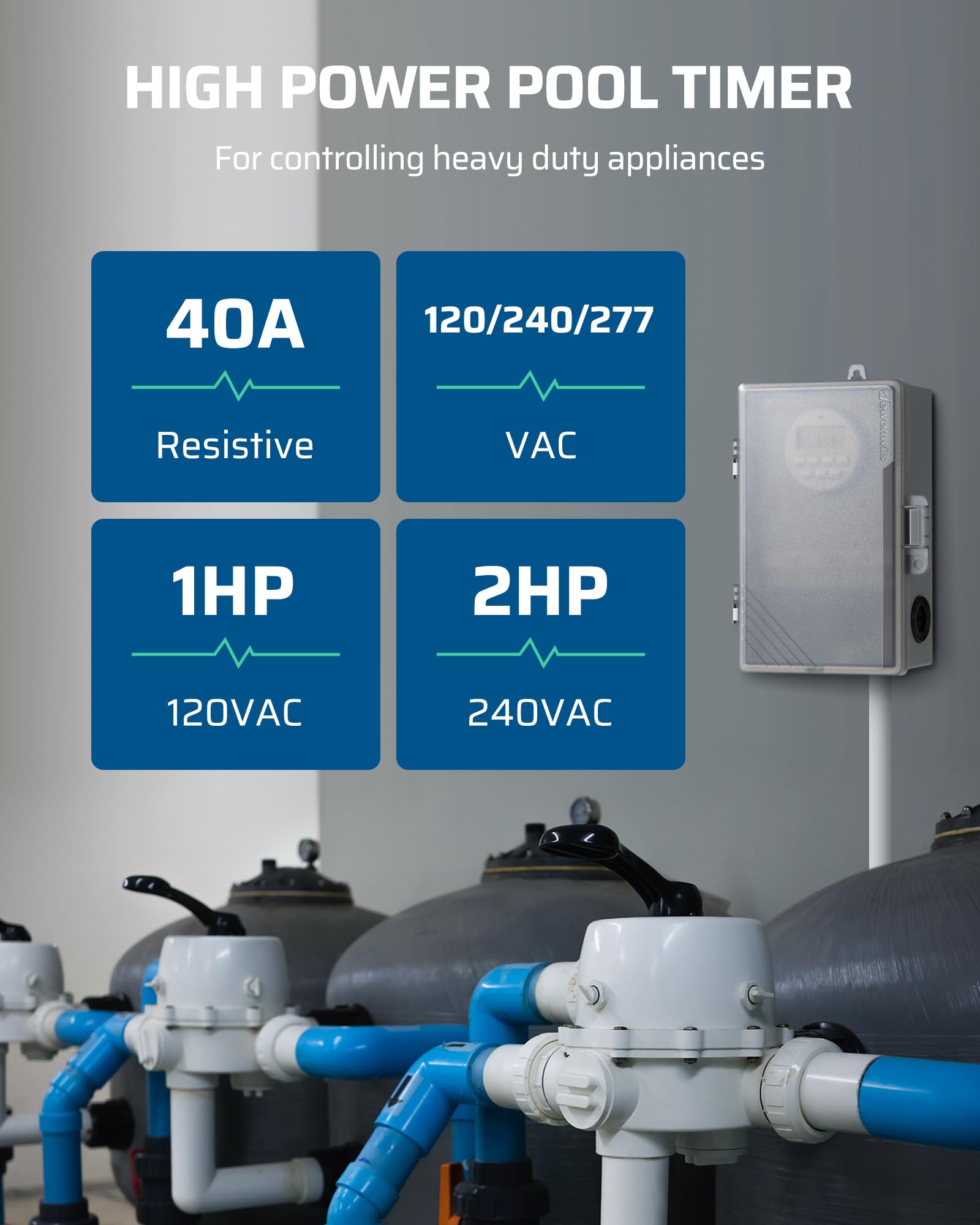 Dewenwils Pool Pump Timer, Outdoor Digital Timer Box With Transparent Case, 2Hp 40A 120 277 Vac, 7 Day 20 On/Off Programmable Ti