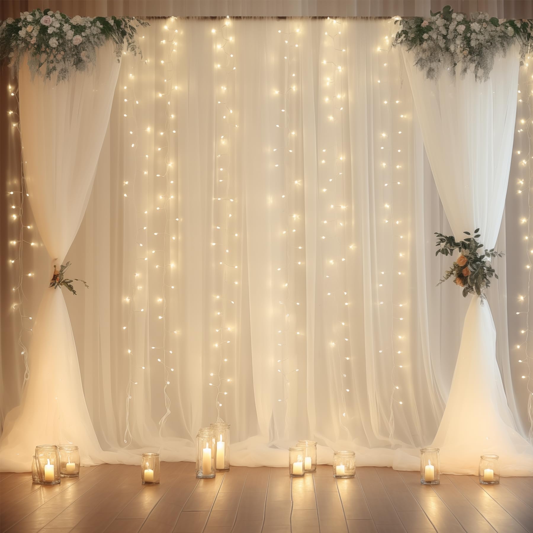 Wish Care 10Ft X 10Ft Cream White Chiffon Backdrop Curtain With Lights String For Parites Wedding Wrinkle Free Curtain Photo Bac