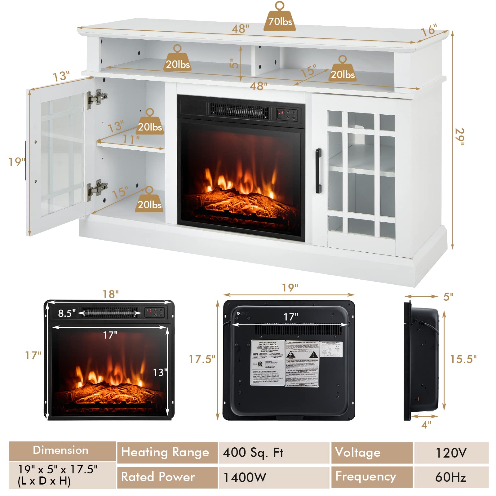 Tangkula Electric Fireplace Tv Stand For Tvs Up To 50 Inch, Fireplace Entertainment Center With Two Side Cabinets & Adjustable S
