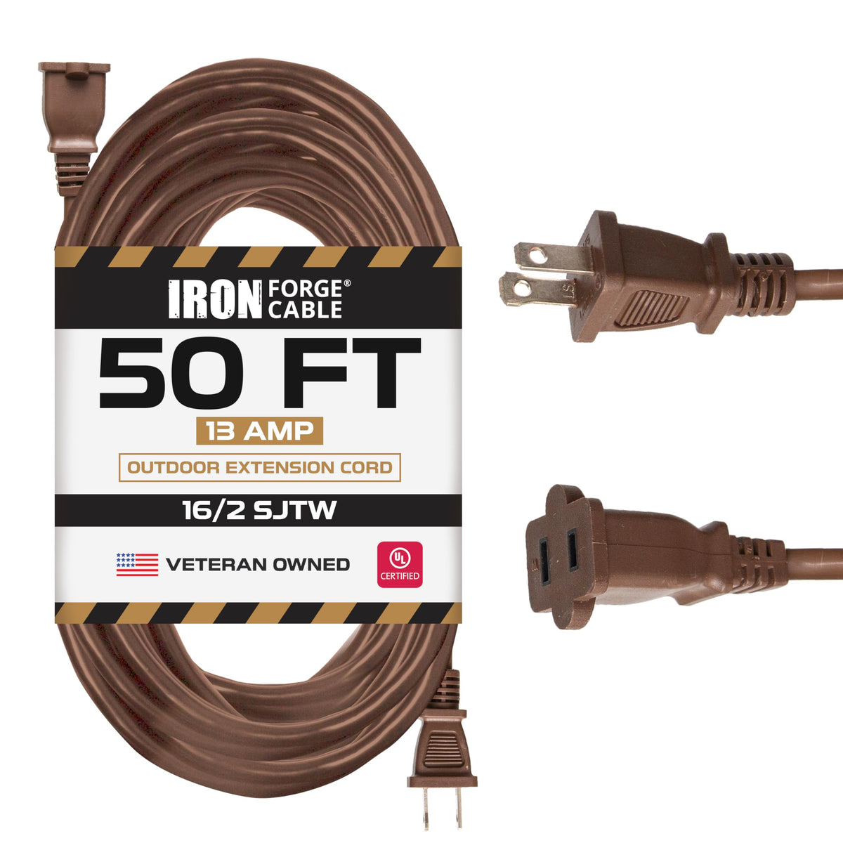 Iron Forge Cable 2 Prong Outdoor Extension Cord 50 Ft   16 Gauge 13 Amp Heavy Duty Brown Power Extension Cords For Outside   Sjt