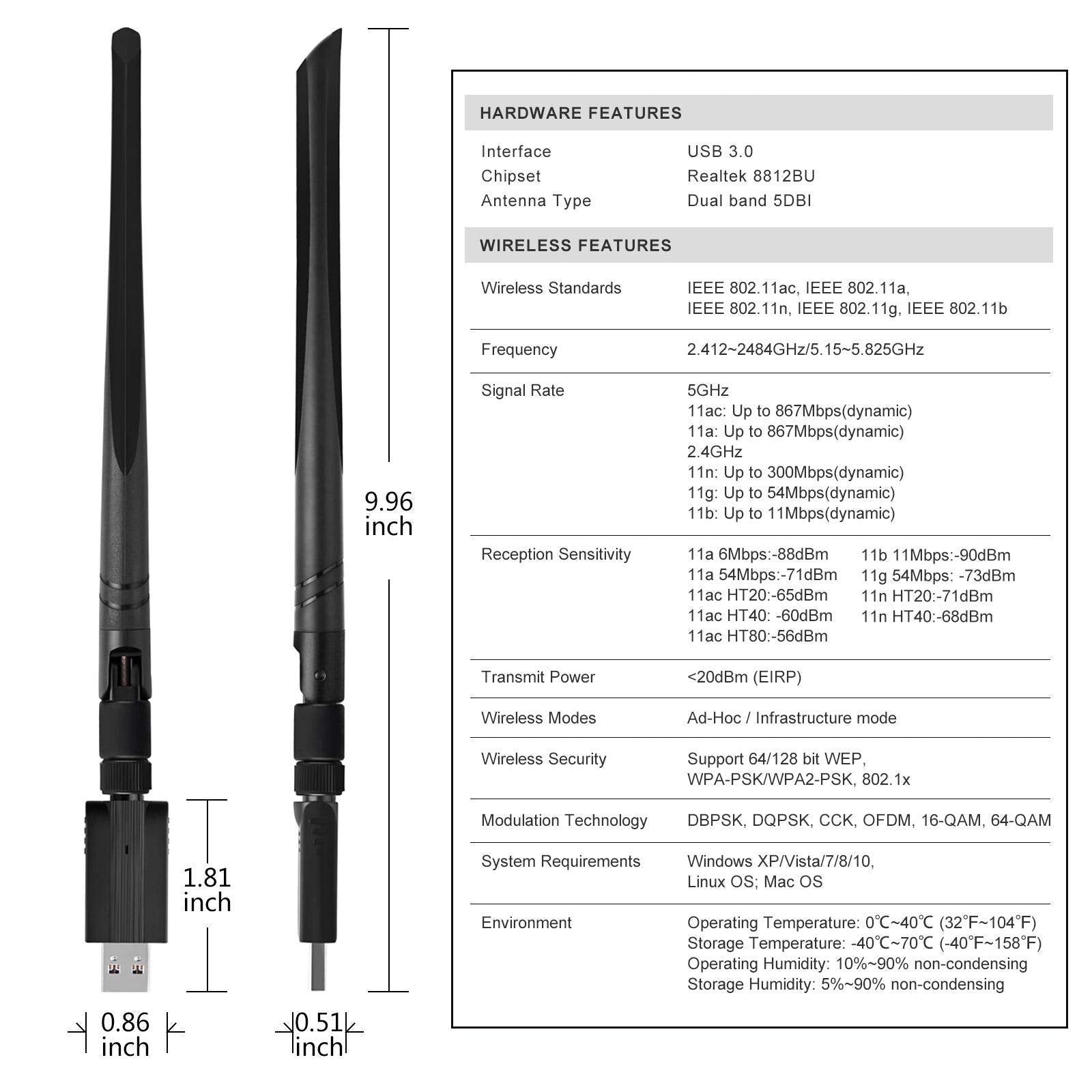 Usb Wifi Adapter � 1200M Wifi Dongle High Speed 802.11Ac 5Dbi Dual Band 2.4/5Ghz Wireless Network Adapter For Pc/Desktop/Tablet/Laptop, Compatible With Windows, Mac Os X