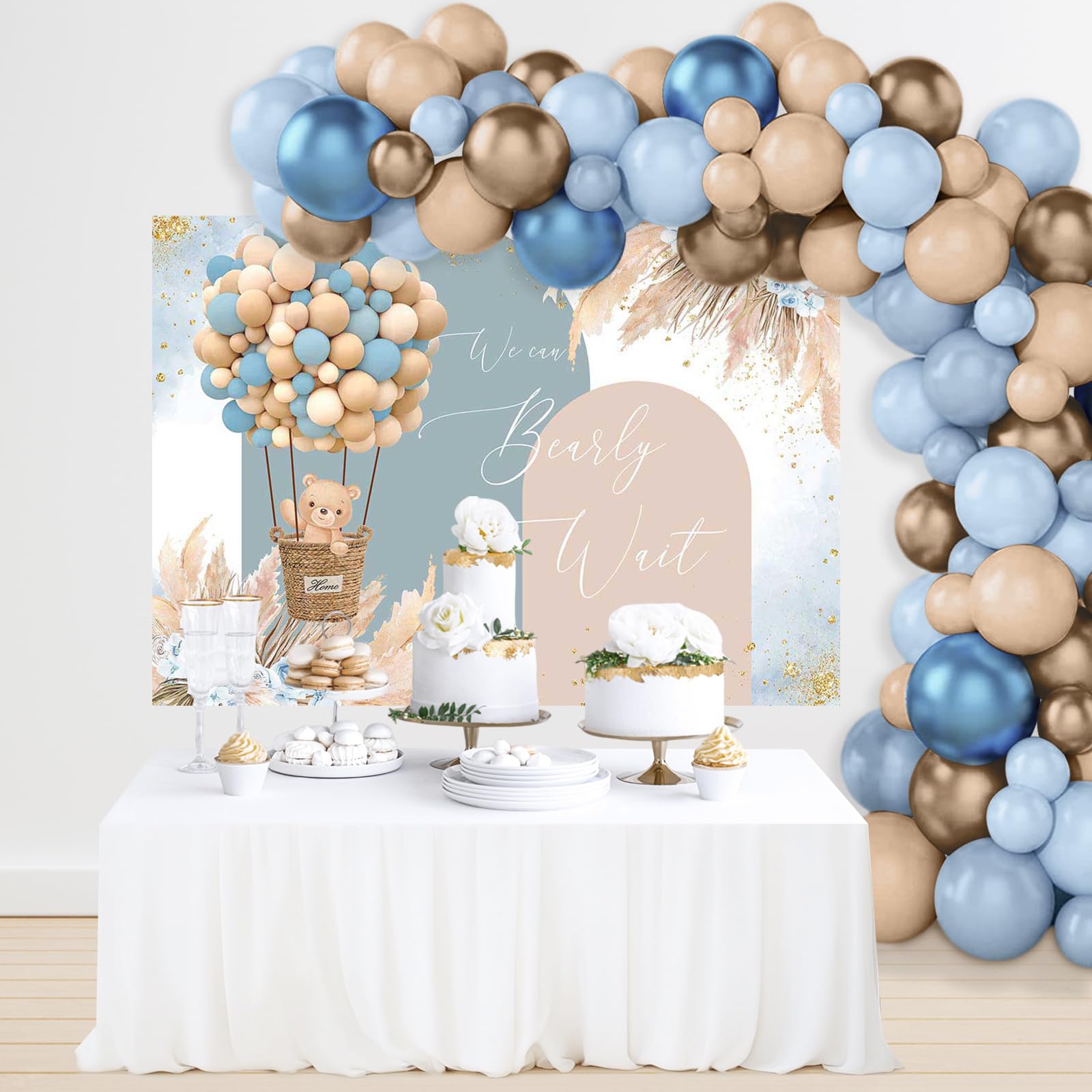 Mocsicka We Can Bearly Wait Backdrop Boho Hot Balloon Bearly Wait Baby Shower Decorations Girl Boy Blue Pampas Grass We Can Bear