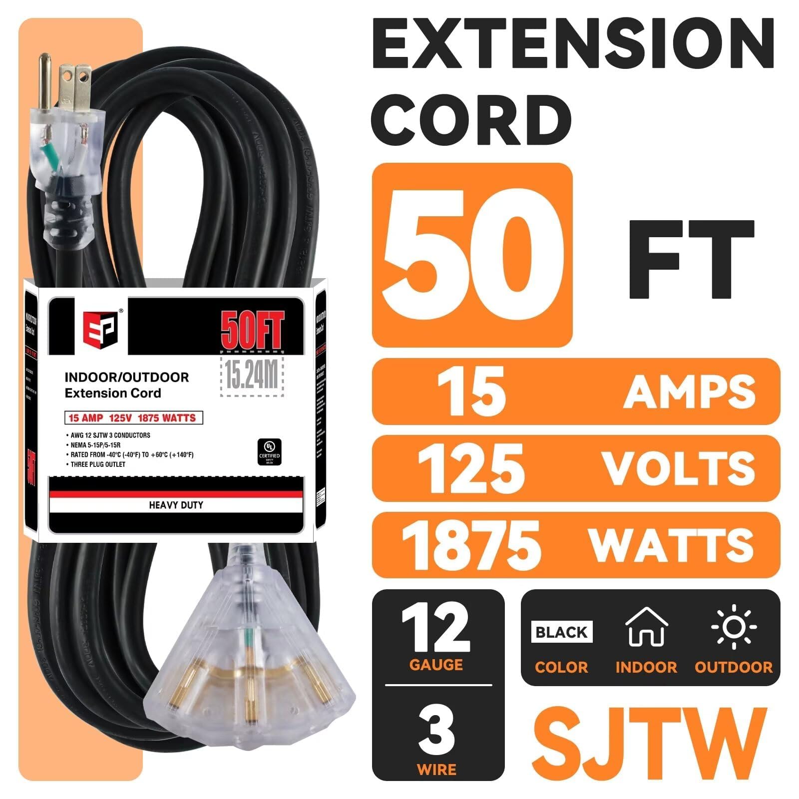 Ep 50 Ft Lighted Outdoor Extension Cord With 3 Electrical Power Outlets   12/3 Sjtw Heavy Duty Black Extension Cable With 3 Pron