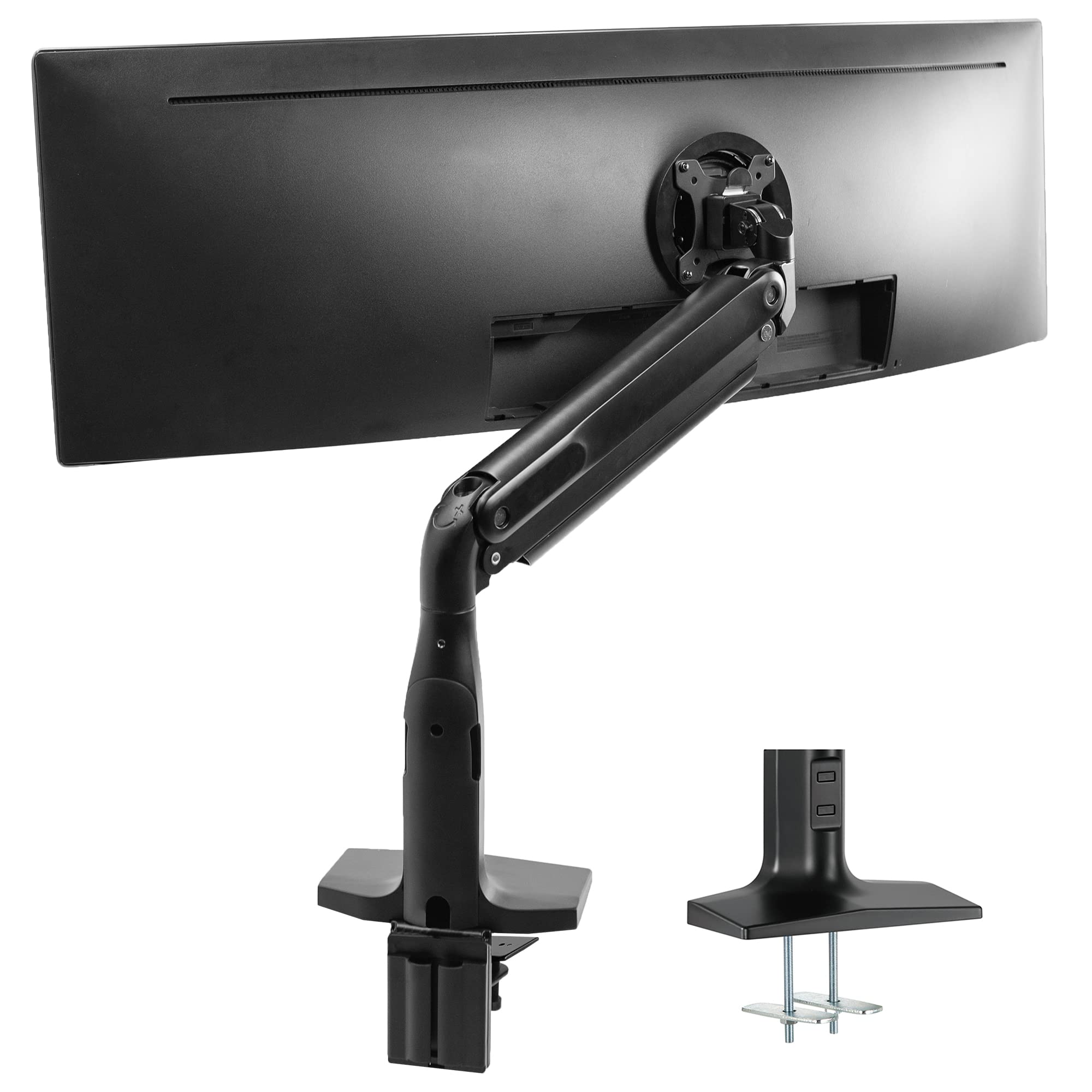 VIVO Aluminum Ultrawide Monitor Stand, Classic, Fits up to 49 inch Computer Screens, Single Articulating Pneumatic Arm, C Clamp and Grommet Desk Mount, Max VESA 200x100, Black, STAND V100H