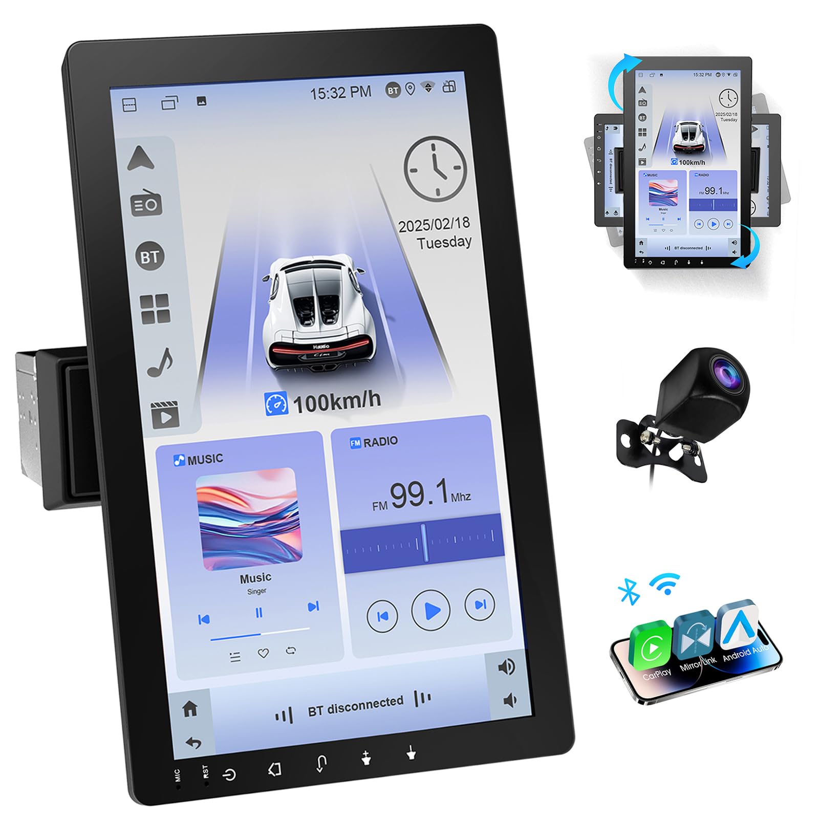 Haudio 10.1'' Rotatable Single Din Car Stereo, 720 * 1280 Touchscreen Car Radio With Wireless Apple Carplay & Android Auto, Gps 