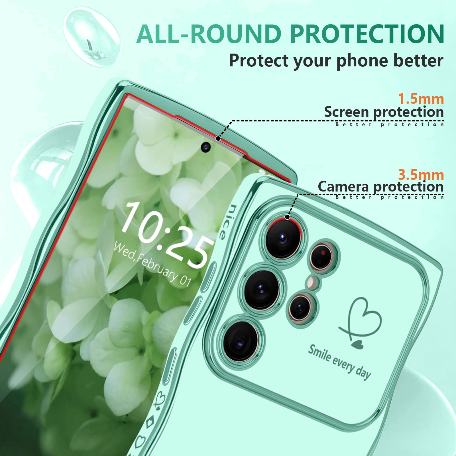 Lchulle For Samsung Galaxy S24 Ultra Case For Women Girls, Cute Wave Frame Curly Shape With Love Heart Camera Protection Cover L