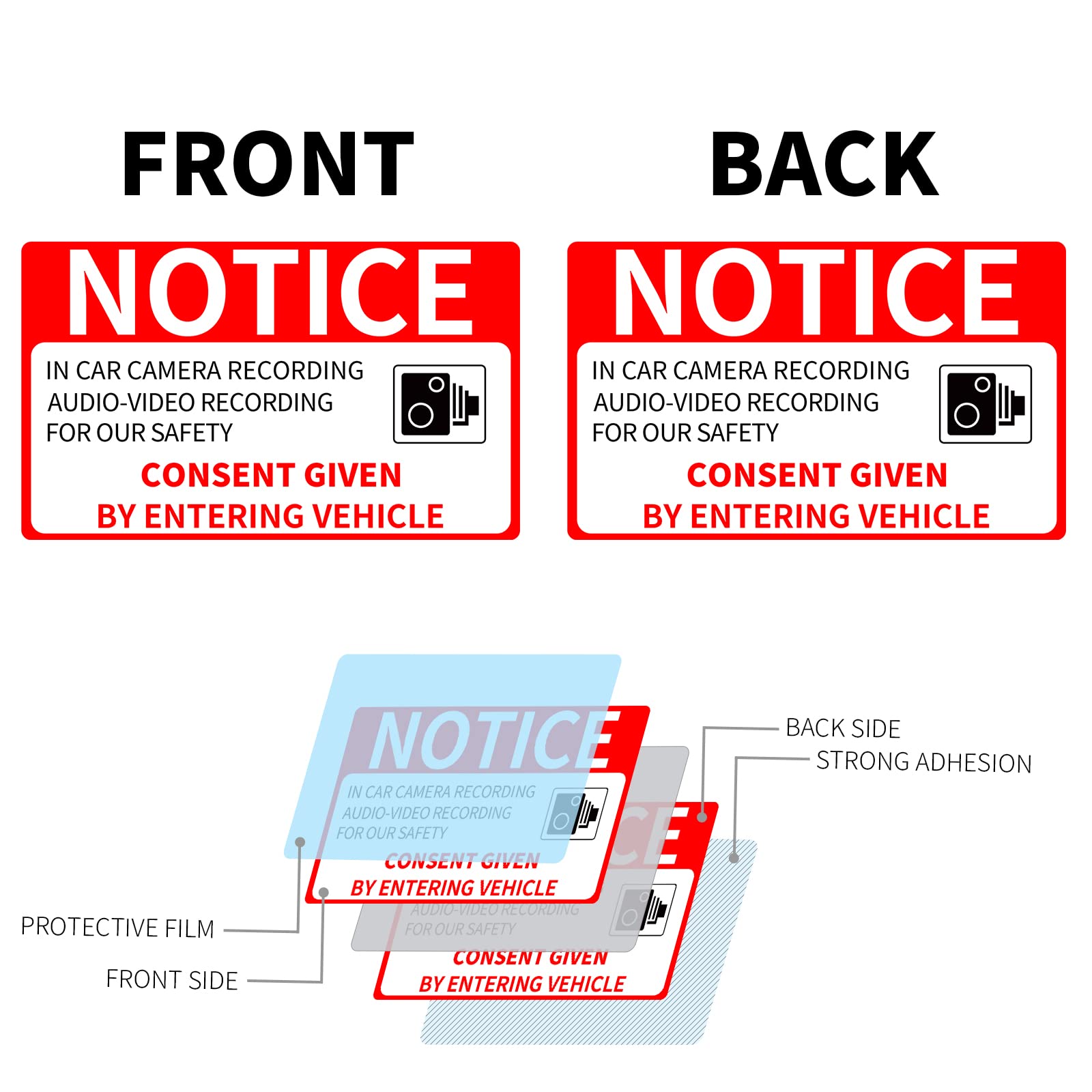 In Car Camera Recording Sign Double Sided 5'' X 3'' Audio Video Recording For Our Safety Consent Given By Entering Vehicle Windo