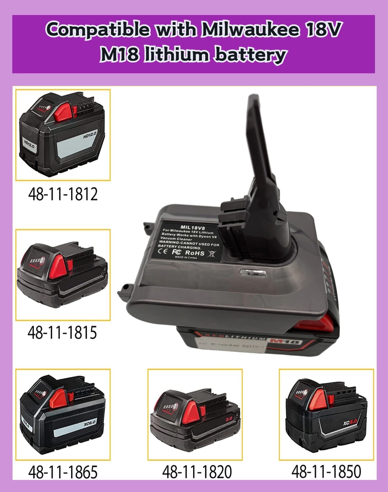 Replacement For Dyson V7V8 Vacuum Battery,Battery Adapter For Milwaukee 18V Lithium Battery,For Dyson V7V8 Absolute V7V8 Animal,