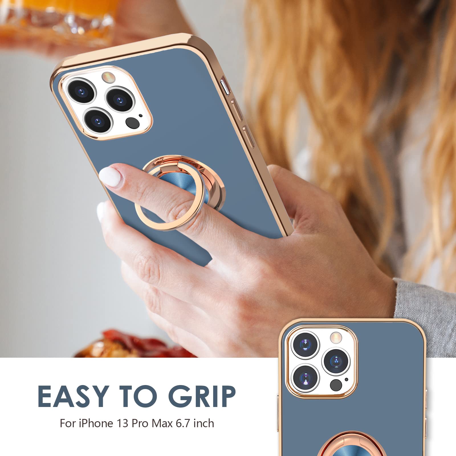 Hython For Iphone 13 Pro Max Case With Ring Stand [360 Rotatable Ring Holder Magnetic Kickstand][Support Car Mount] Plating Rose