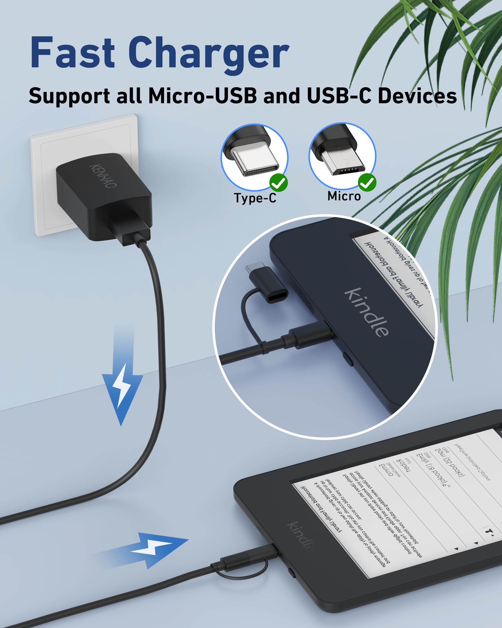 2In1 Tablet Charger Cord Replacement For All Amazons Kindle Fire Hd 6 7 8 10, Kids E Reader, Oasis Paperwhite, Tv Stick, Samsung