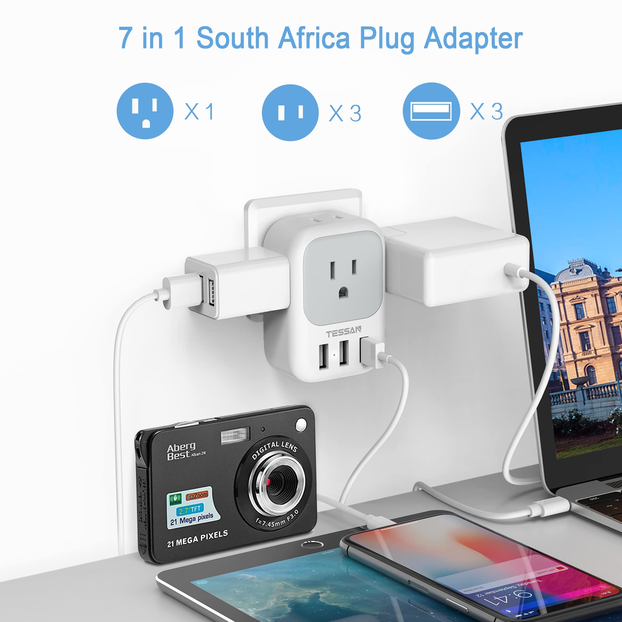 Tessan South Africa Power Adapter, Type M Travel Plug Adaptor With 4 Ac Outlets 3 Usb Ports For Us To South Africa Botswana Nami