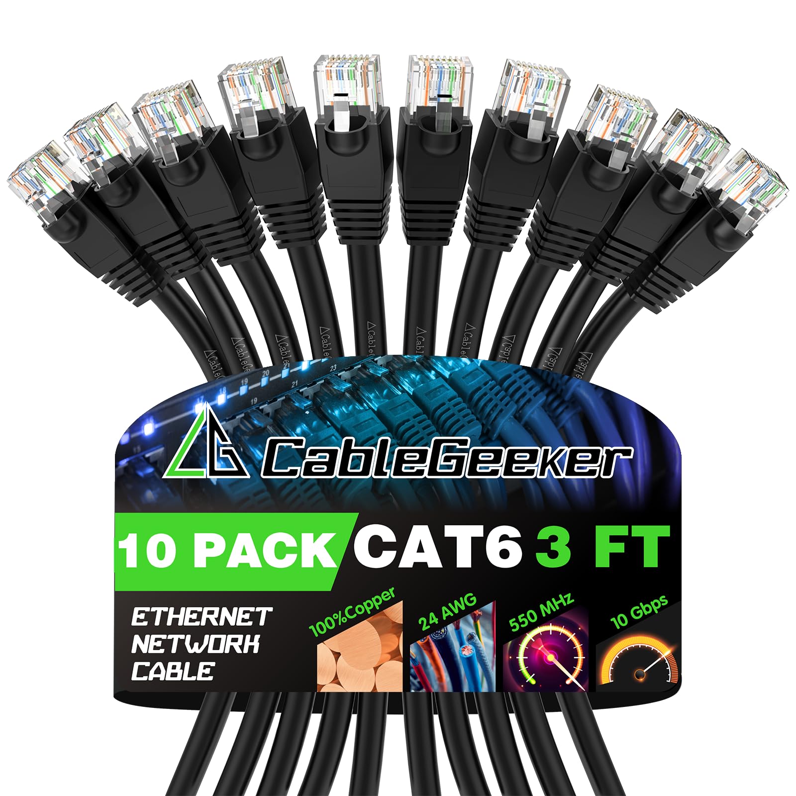 Cablegeeker Cat 6 Ethernet Cable 3 Ft (10 Pack)   Cat6 Patch Cables, Snagless Rj45, Cat 5E Cat 6 Patch Cable, Cat 6 Cable, 3 Foo
