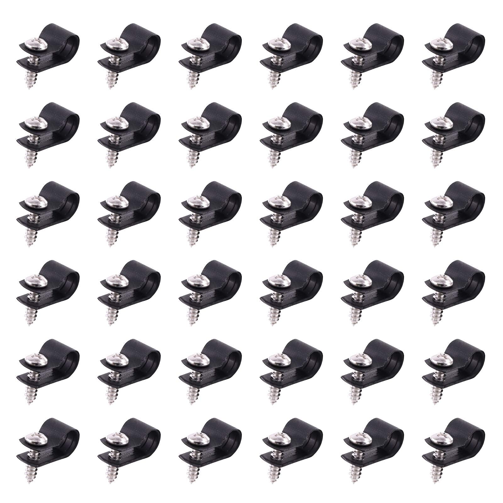 Swpeet 60 Pack Black 5/16 Inch Nylon Plastic R Type Cable Clips Clamp Kit, Nylon Screw Mounting Cord Fastener Clips With 60 Pack
