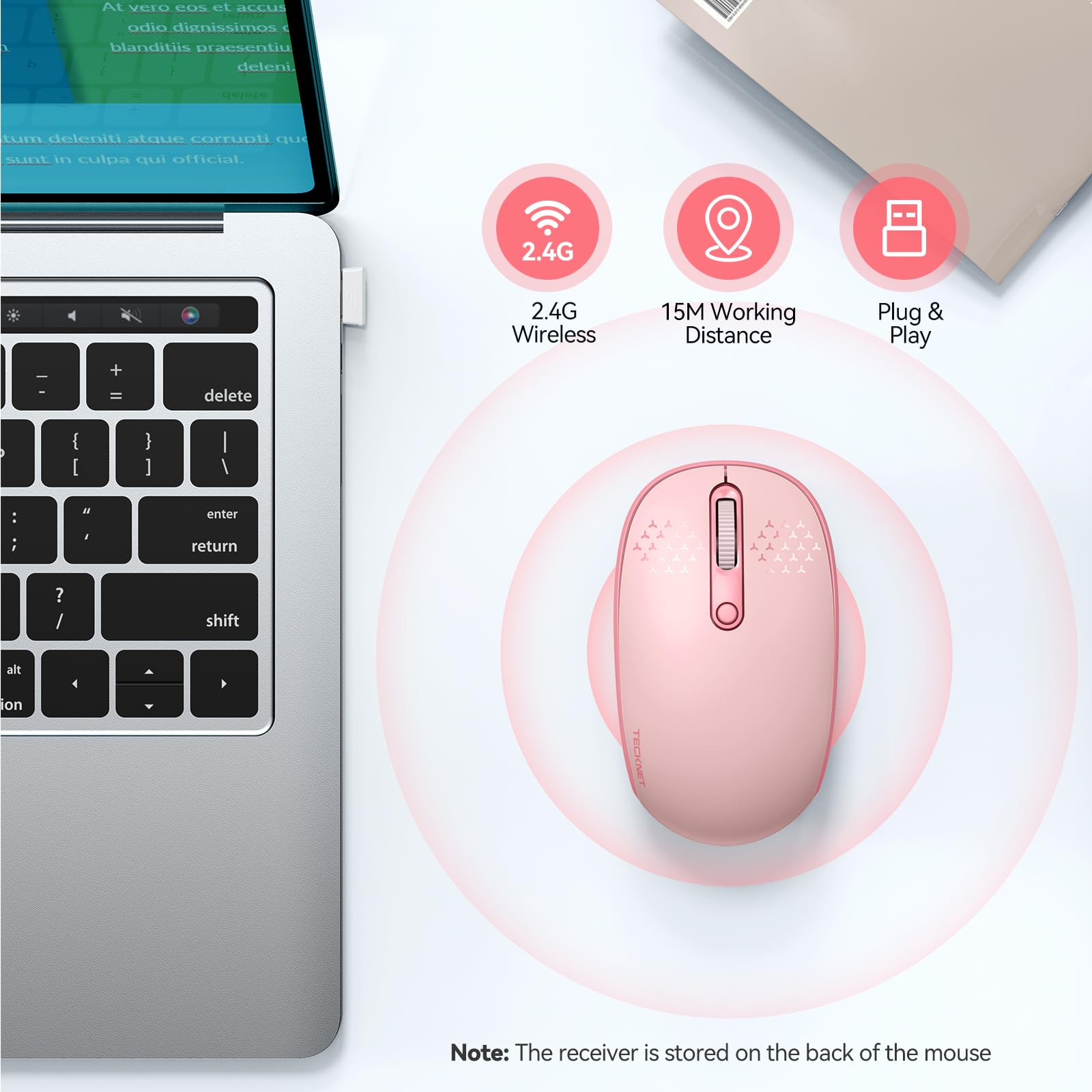 Tecknet Wireless Mouse, 2.4G Quiet Computer Mouse With Usb Receiver, 4 Buttons Portable Cordless Mice For Chromebook, Laptop, Pc, Mac, 800/1200/1600 Dpi   Pink