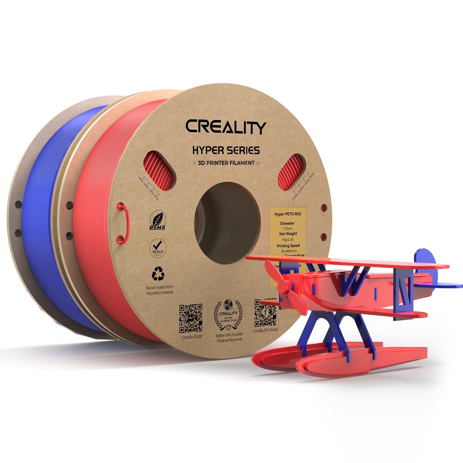 CREALITY Hyper PETG 1.75mm 3D Printer Filament, Up to 600mm/s High Speed Rapid PETG,2kg (4.4lb) Neatly Wound Cardboard Spool, Di