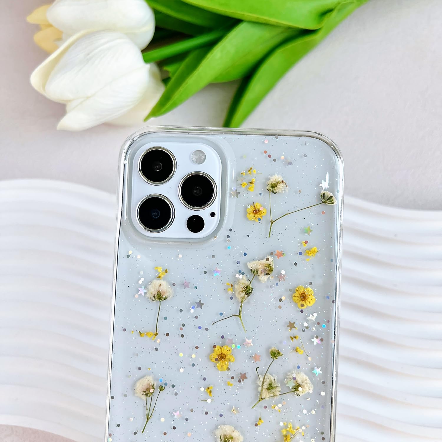 Lseeka For Iphone 12 Pro Max Clear Case With Pressed Real Flowers Design,Glitter Cute Yellow Floral Pattern Slim Soft Tpu Protec