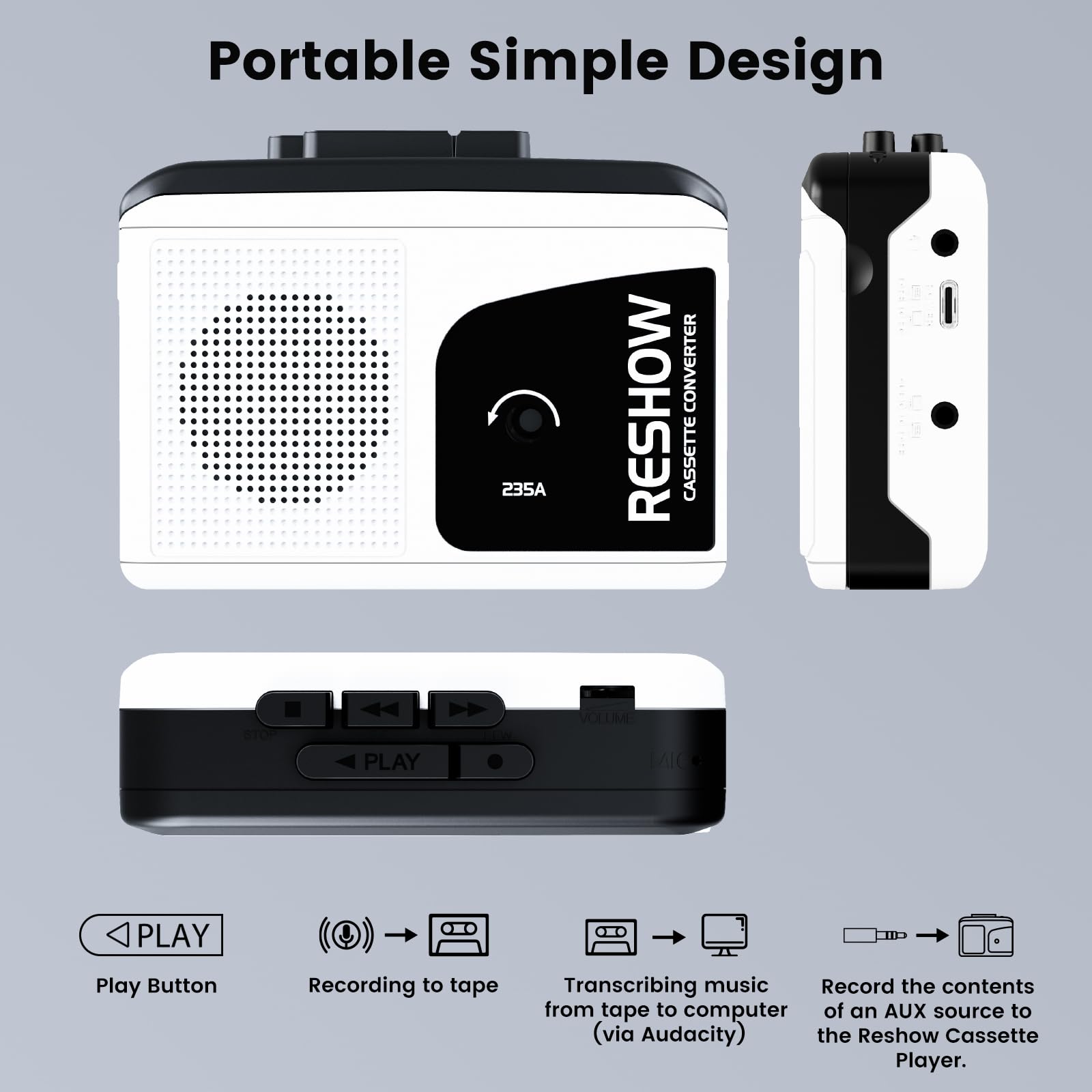 Reshow Portable Walkman Cassette Tape Player With Built In Speaker And Headphone Jack, Usb C Cassette To Mp3 Converter, Reverse Recording To Tape, Cassette Tape Recorder, Full Stereo Sound White