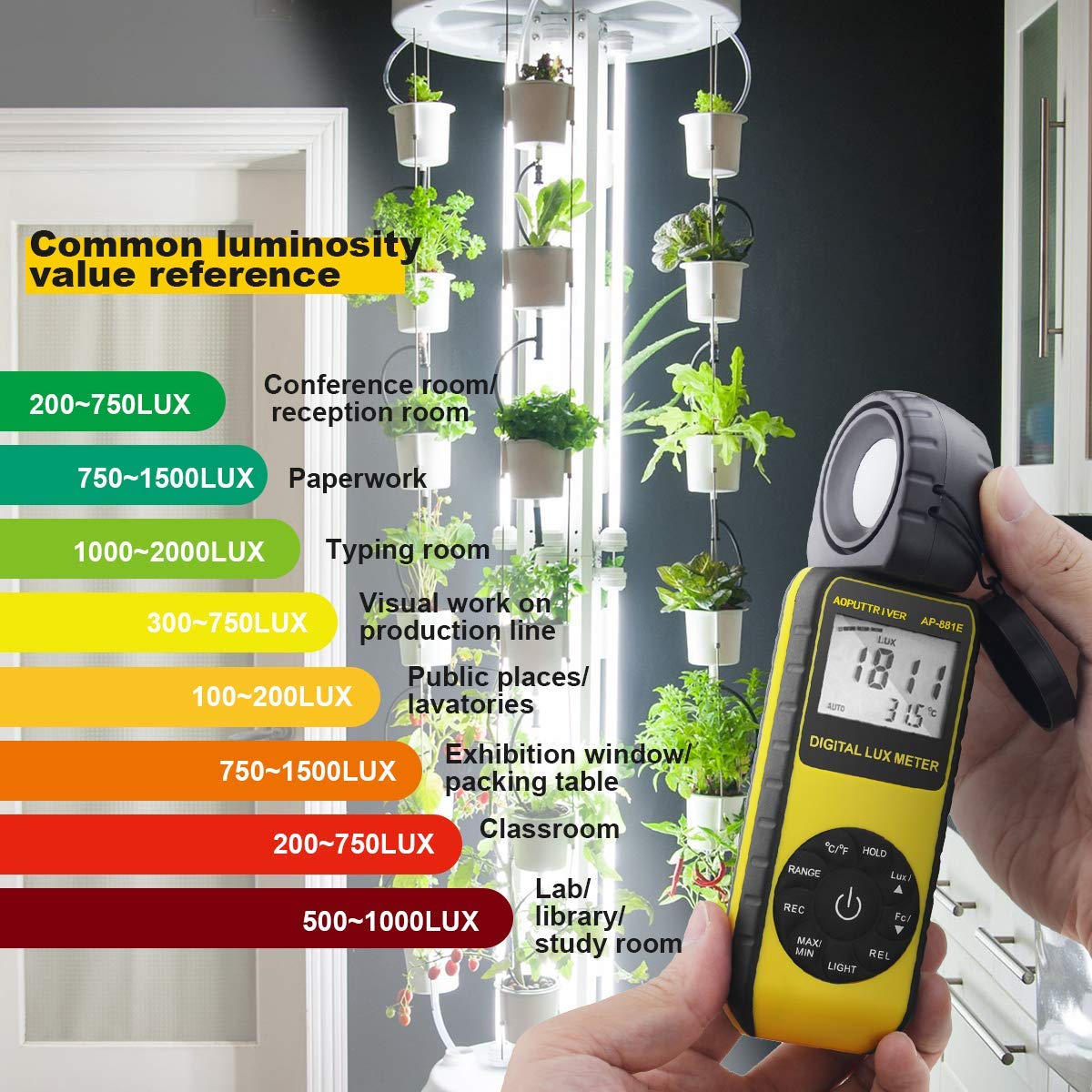 Light Meter, Lux Meter Ap 881E Light Meter For Pants With 0.01~300,000 Lux (0.01~30,000 Fc), Lux/Fc Unit, Max/Min, Back Light, D