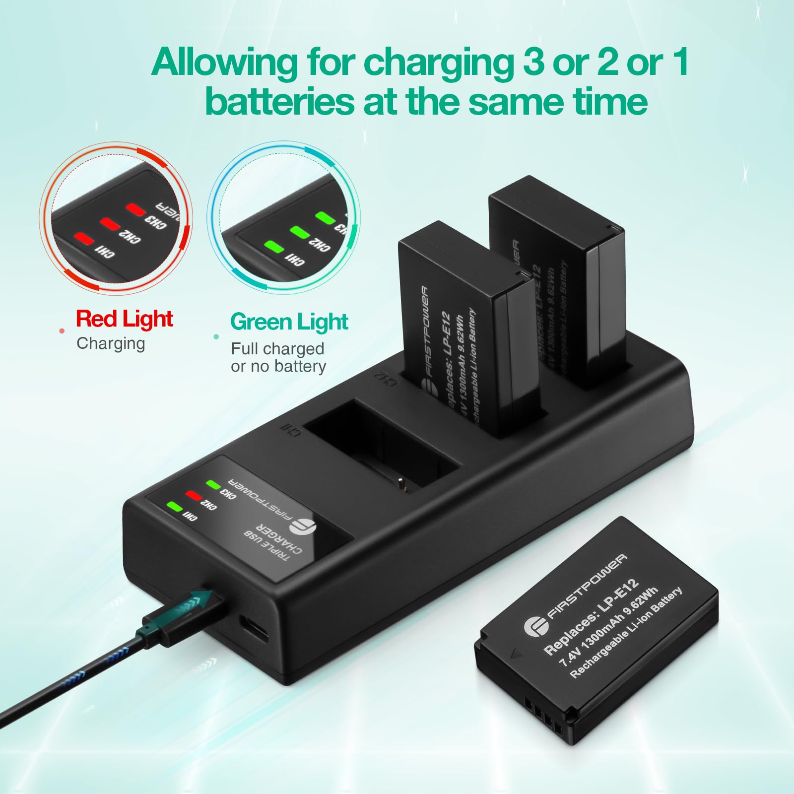 Firstpower Lp E12 Battery 3 Pack And Triple Slot Charger For Canon Eos M50, M50 Mark Ii, M, M2, M10, M100, M200, Rebel Sl1, Powe
