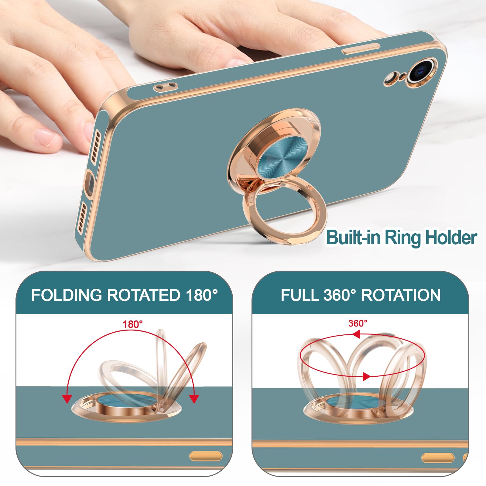 Hython Iphone Xr Case, Blue Gray Shiny Plating Soft Tpu Protective Phone Cover With 360 Rotatable Ring Holder, Magnetic Kickstan