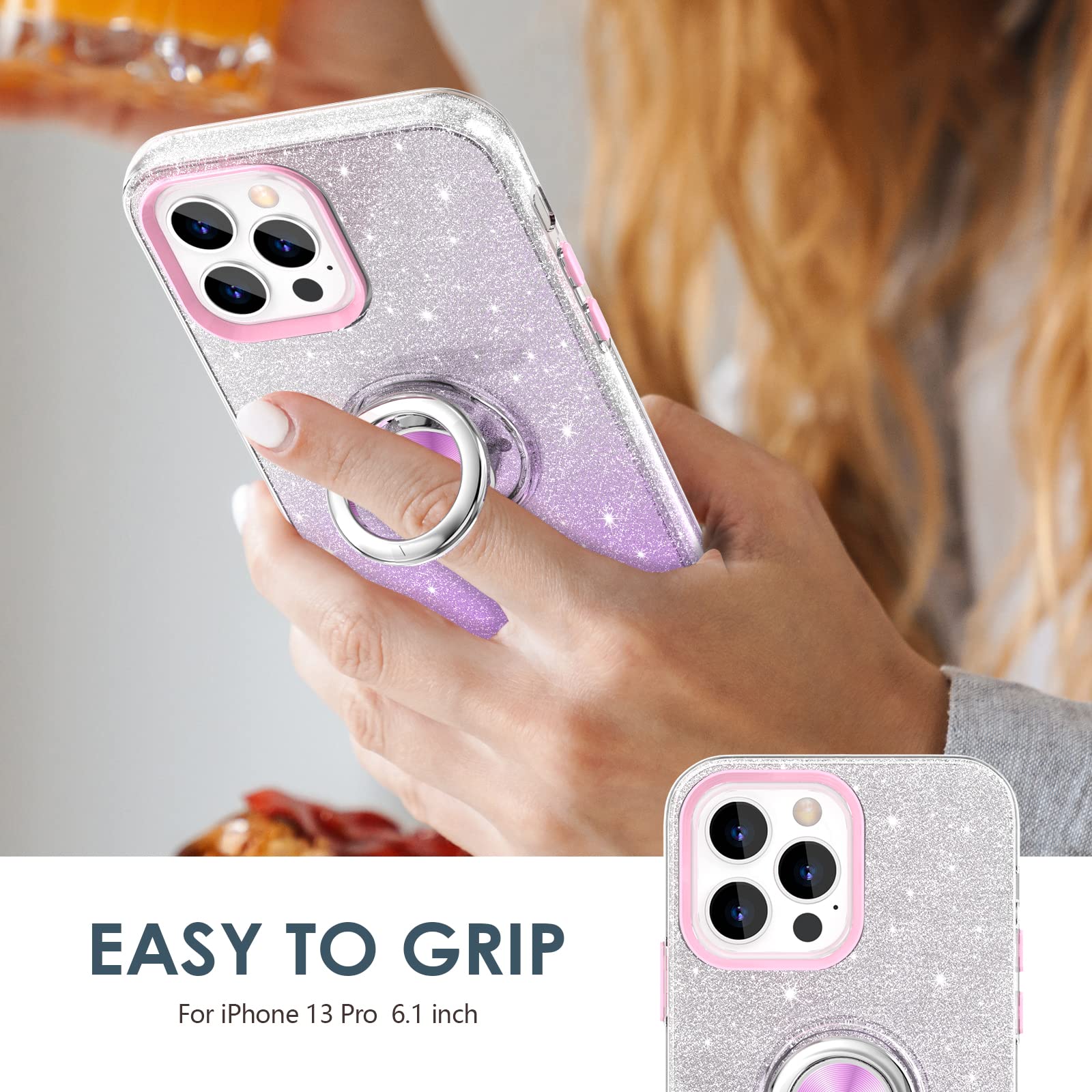 Hython For Iphone 13 Pro Case With Ring Stand [360 Rotatable Ring Holder Magnetic Kickstand] [Support Car Mount] Cute Sparkly Gl
