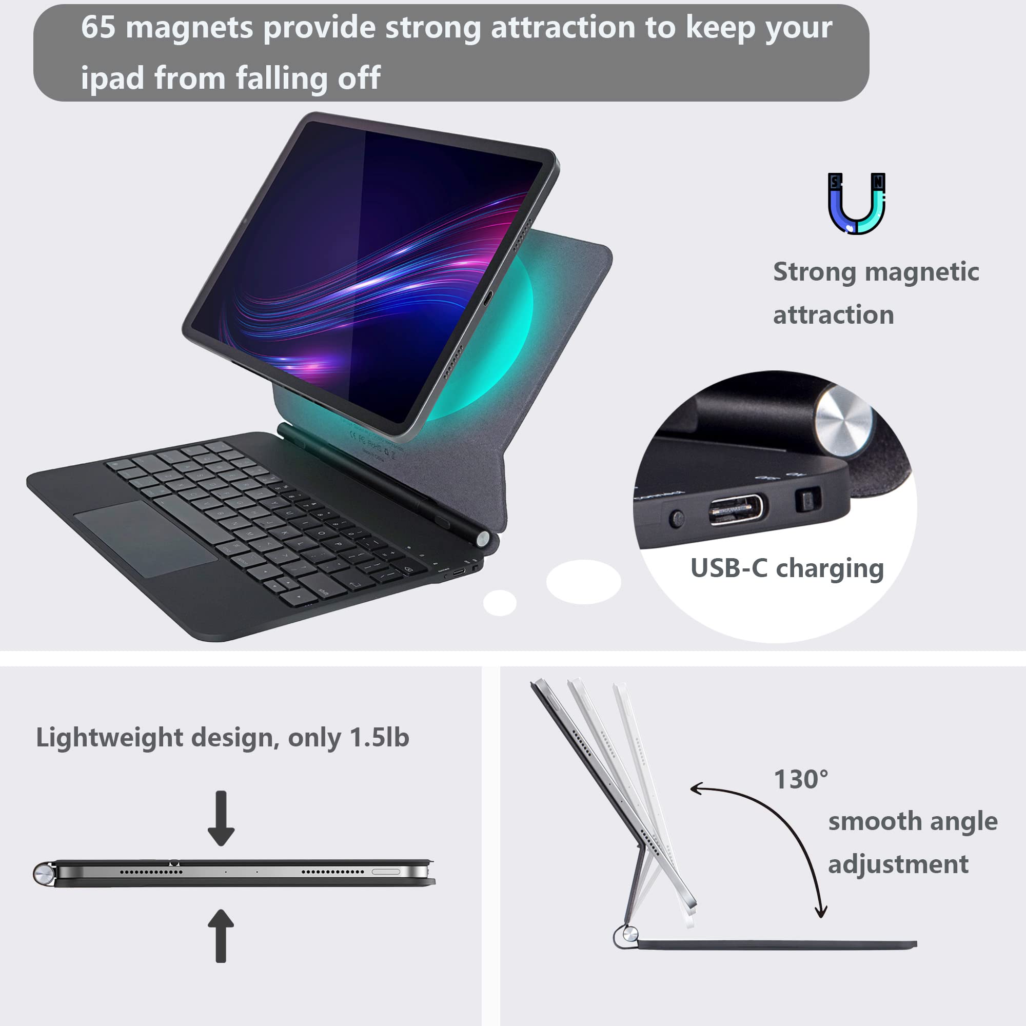 Inunion Magic Keyboard For Ipad Pro 11& Air 11 Inch (M2, 2024) And 10.9 Ipad Air 5Th &4Th Generation, Magnetic Keyboard Case Wit