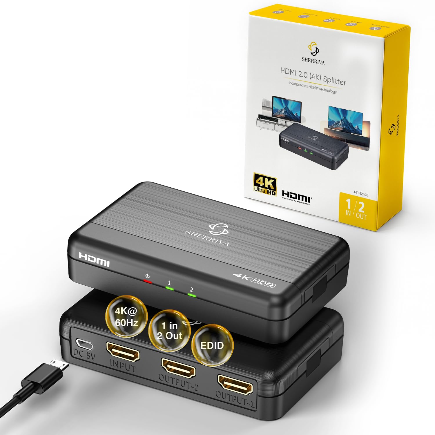 4K HDMI Splitter 1 in 2 Out (Mirror Only) - HDMI 2.0 4K@60Hz, 1080p@240Hz, Auto Downscaling, Smart Power Detection, 18Gbps, HDCP