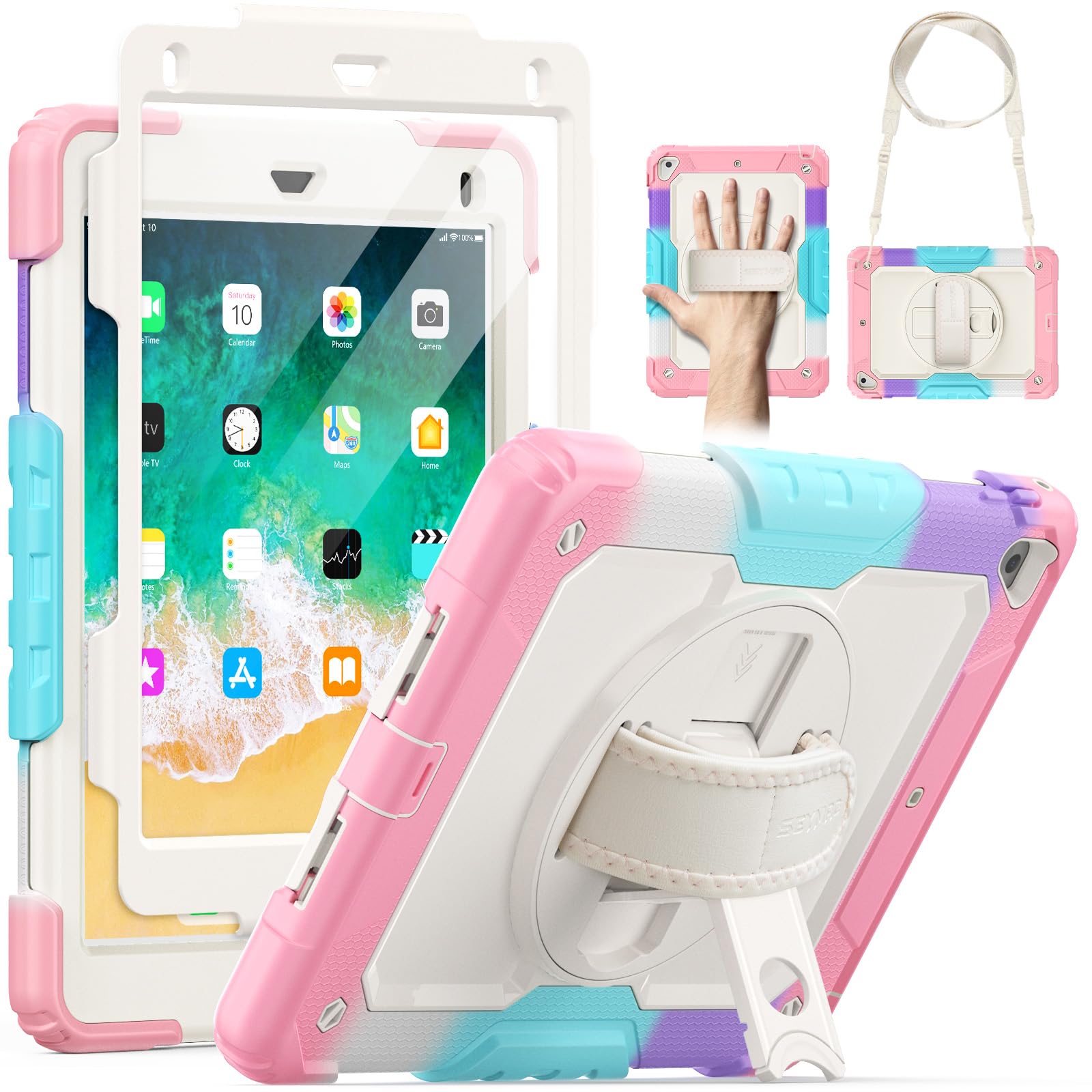 Seymac Kids Case For Ipad 6Th/5Th Generation Case 9.7', Full Body Shockproof Heavy Duty Protective Case With Screen Protector, Rotating Stand/Hand/Shoulder Strap For Ipad Air 2/Pro 9.7, Colorful Pink