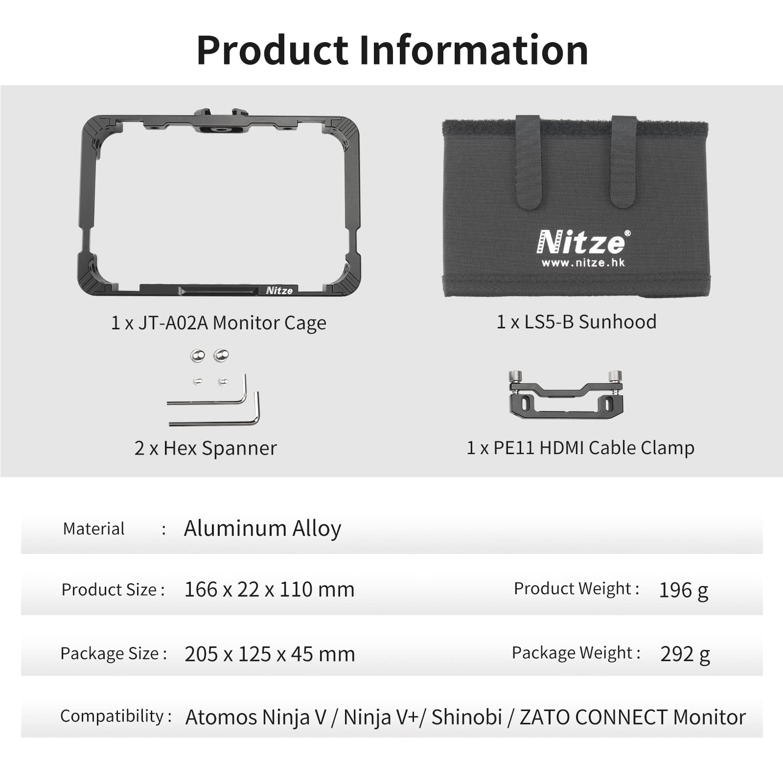 Nitze Ninja V Cage Kit For Atomos Ninja/Ninja Ultra/Ninja V/Ninja V Plus/Shinobi/Zato Connect Monitor With Sunhood, Hdmi Cable C