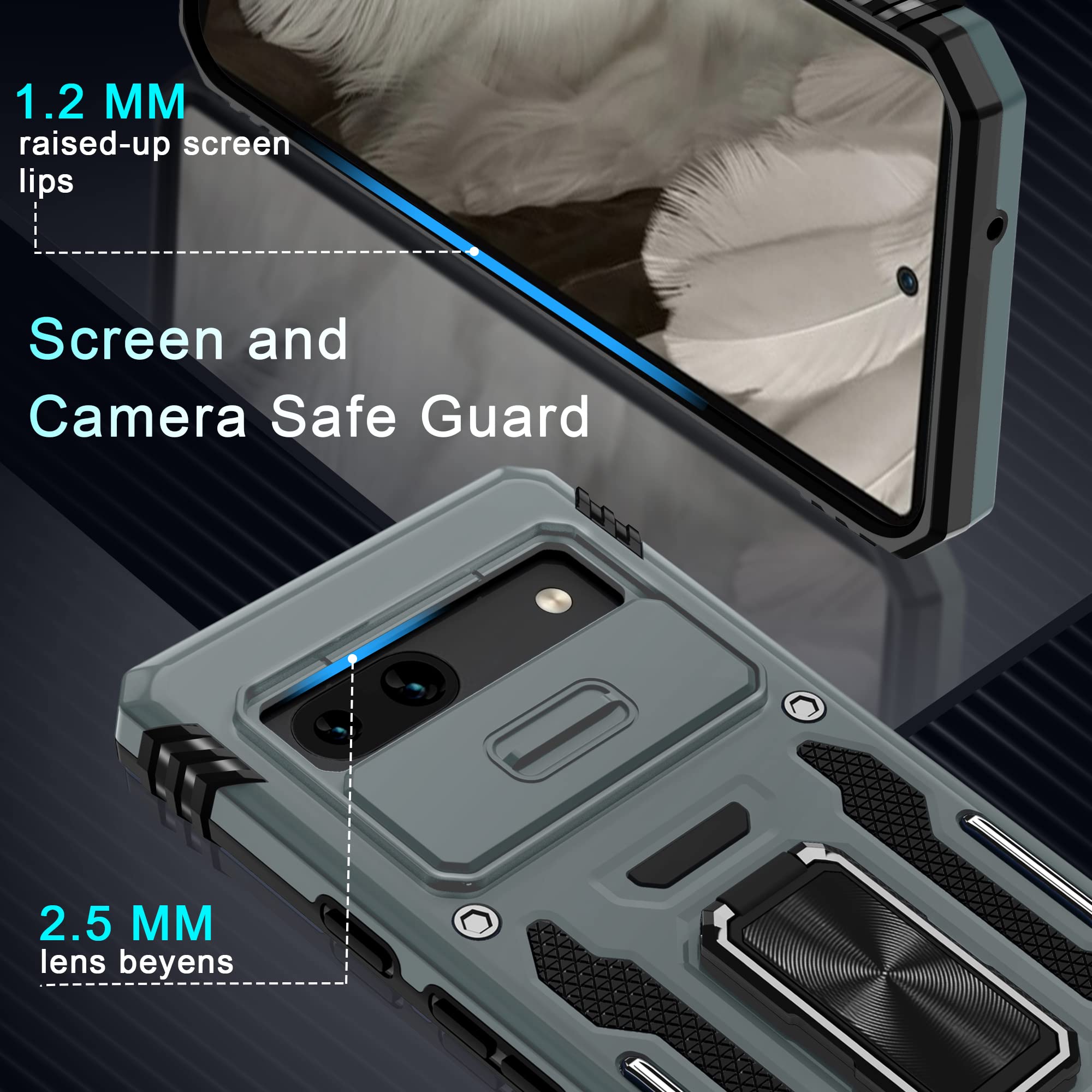 Deerlamn Case For Google Pixel 7A With Slide Camera Cover+Screen Protector (2 Packs), Rotated Ring Kickstand Military Grade Shoc