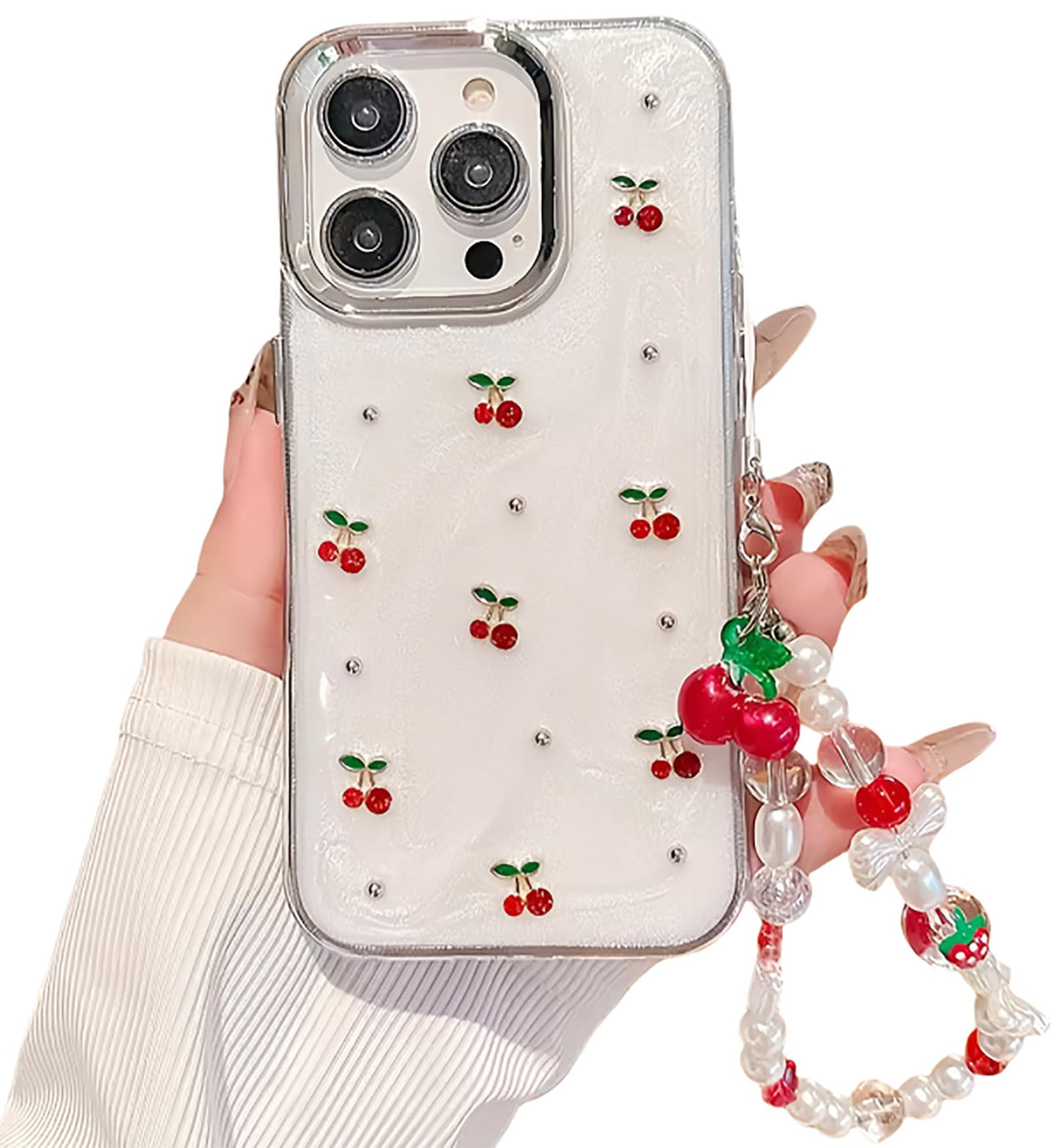 Dimeiya Cute Case For Iphone 16,Red Cherry Pearls Case,With Phone Charm Chain,Flowers Fruit For Women Girls Designed Shockproof 