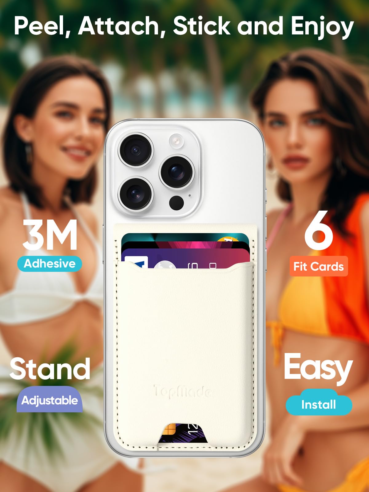 Topmade Phone Card Holder, Leather Phone Wallet Stick On With Stand, Open Id Window, 3M Adhesive Credit Card Holder For Back Of