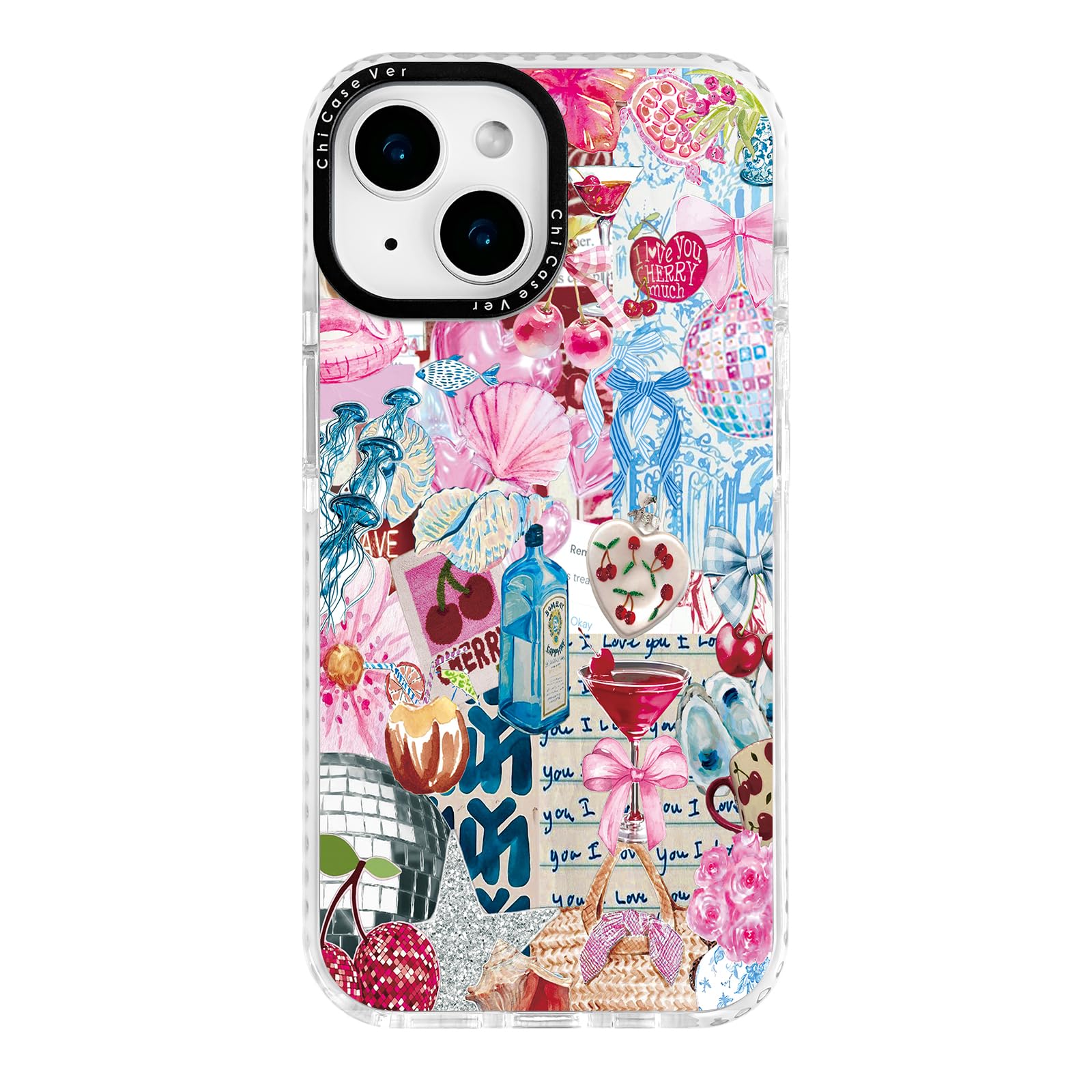ChiCaseVer for iPhone 13 mini Case, Cherry Love Collage Pattern with Romantic Notes & Seashells, Festive Soft Slim TPU Protectiv