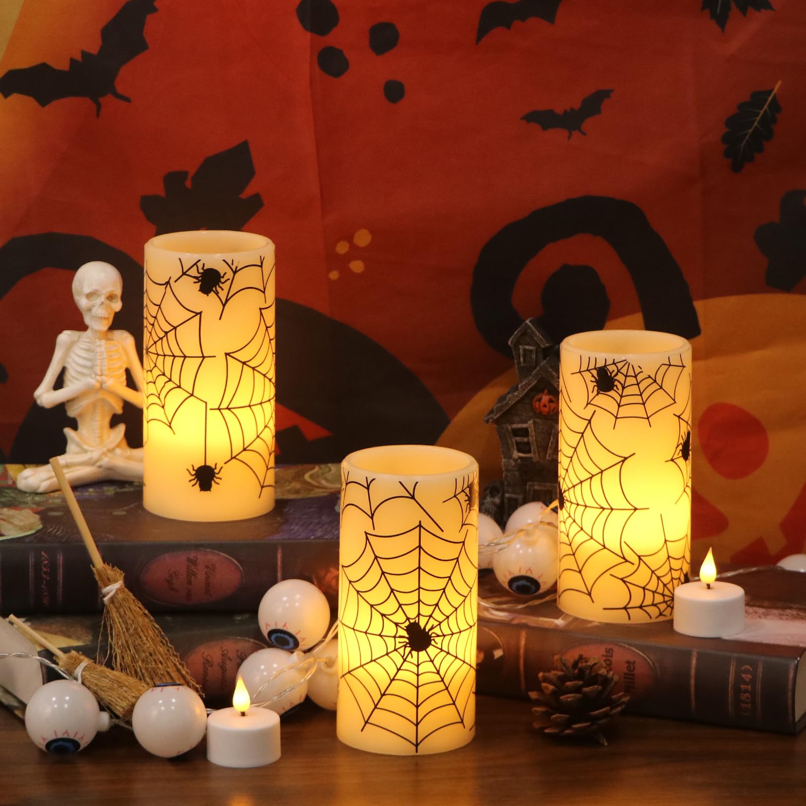 Lasumora Halloween Flameless Candles With 6H Timer, Real Wax Led Pillar Candles Flickering, Cobweb & Spider Candle Set Of 3, D3