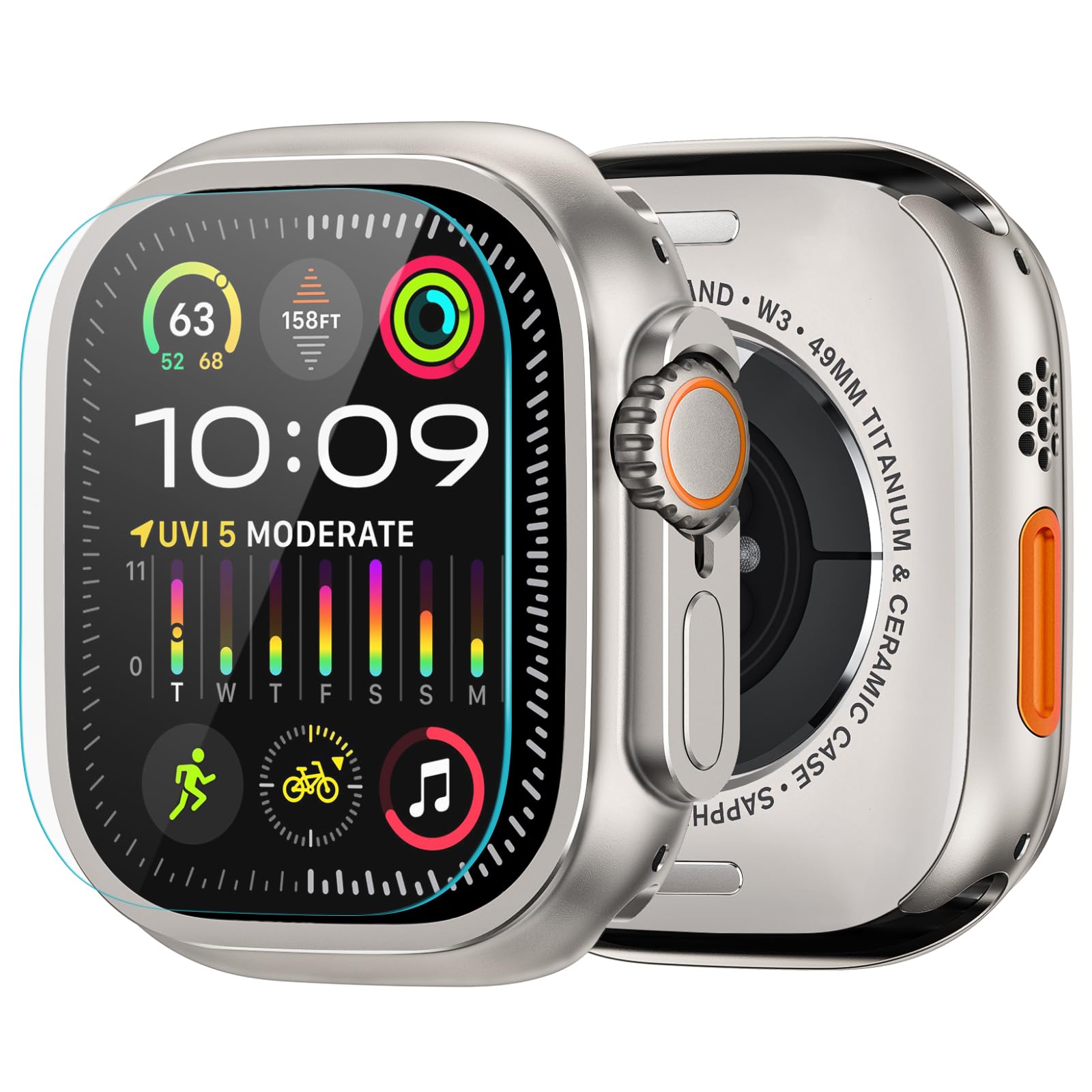 Amband Metal Case Screen Protector For Apple Watch Ultra 2/Ultra 49Mm, W3 Rugged Bumper Thin Frame With 9H Tempered Glass Film &