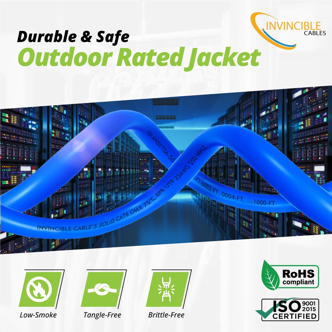 Invincible Cables Cat6 Outdoor (Cmx) 1000Ft Cable | 100% Solid Copper Conductors | 550 Mhz, 23Awg 4 Pair, Utp | Poe++ Compatible