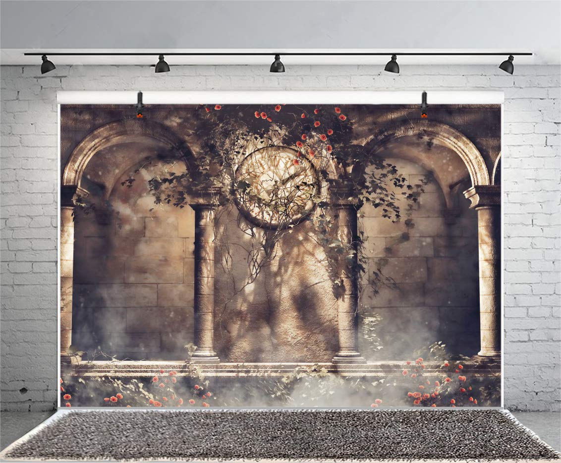 Laeacco Retro Clock Gothic Backdrop 10X8Ft Vinyl Photography Background Rose Ivy Arch Architecture Building Stone Wall Fantasy Scene Wedding Parties Backdrops