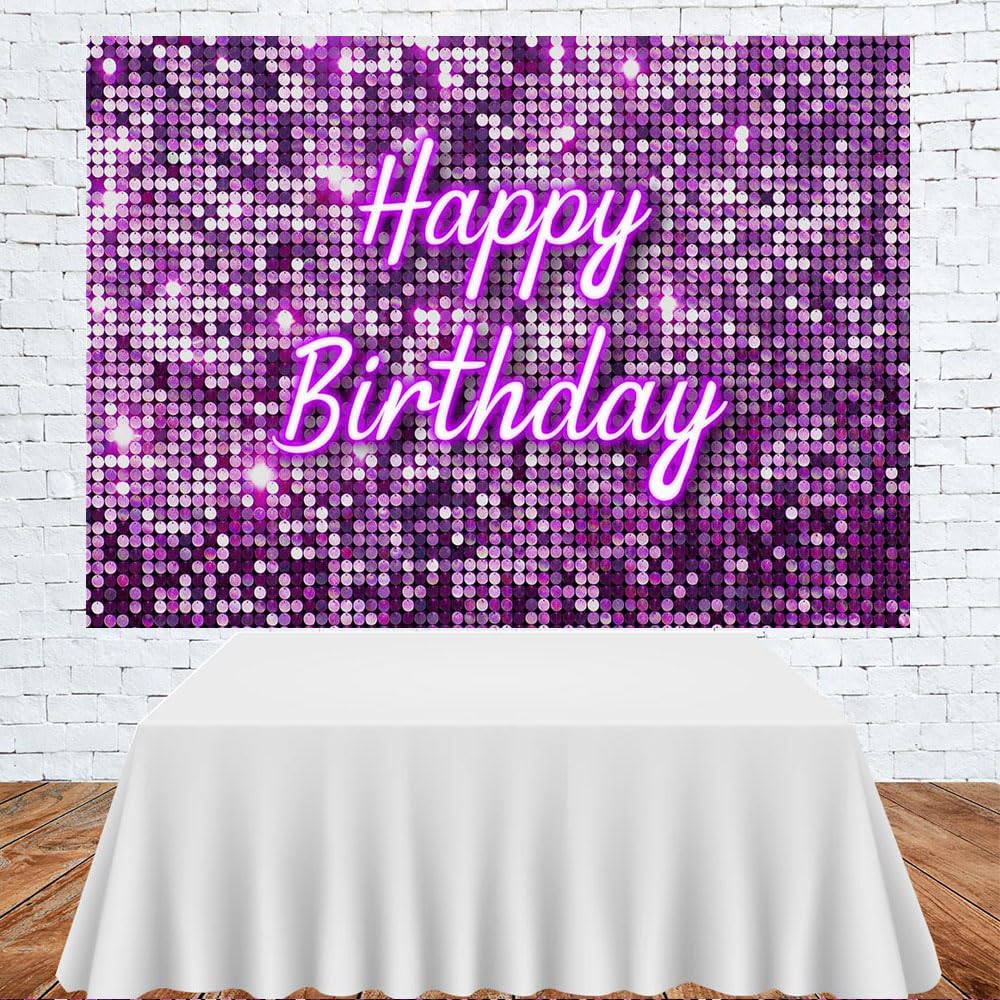 Lofaris Purple Flash Square Backdrop Happy Birthday Shinning Sequin Wall Panels Shimmer Wall Sweet 16 Girl Woman 20Th 30Th 40Th