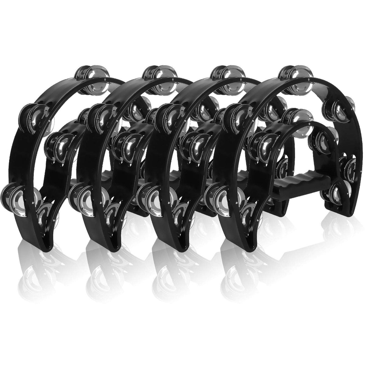 4 Pack 10'' Half Moon Musical Tambourine Black Metal Jingles Hand Held Percussion Drum - Double Row, Plastic Musical Percussion 