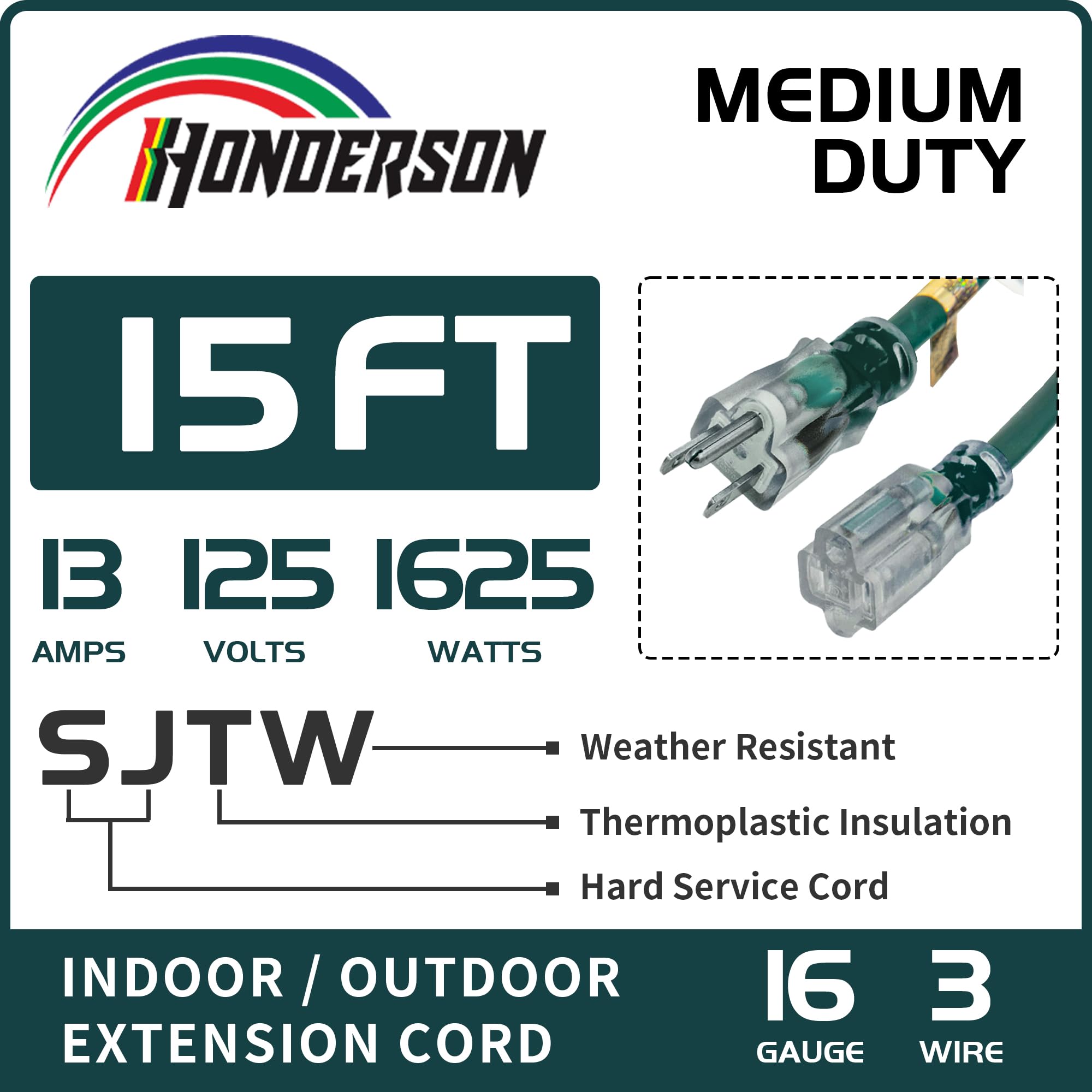 Honderson Indoor Outdoor Extension Cord Weatherproof With Lighted End, Ul Listed, 16 Gauge 15Ft Green 3 Prong Heavy Duty Extensi
