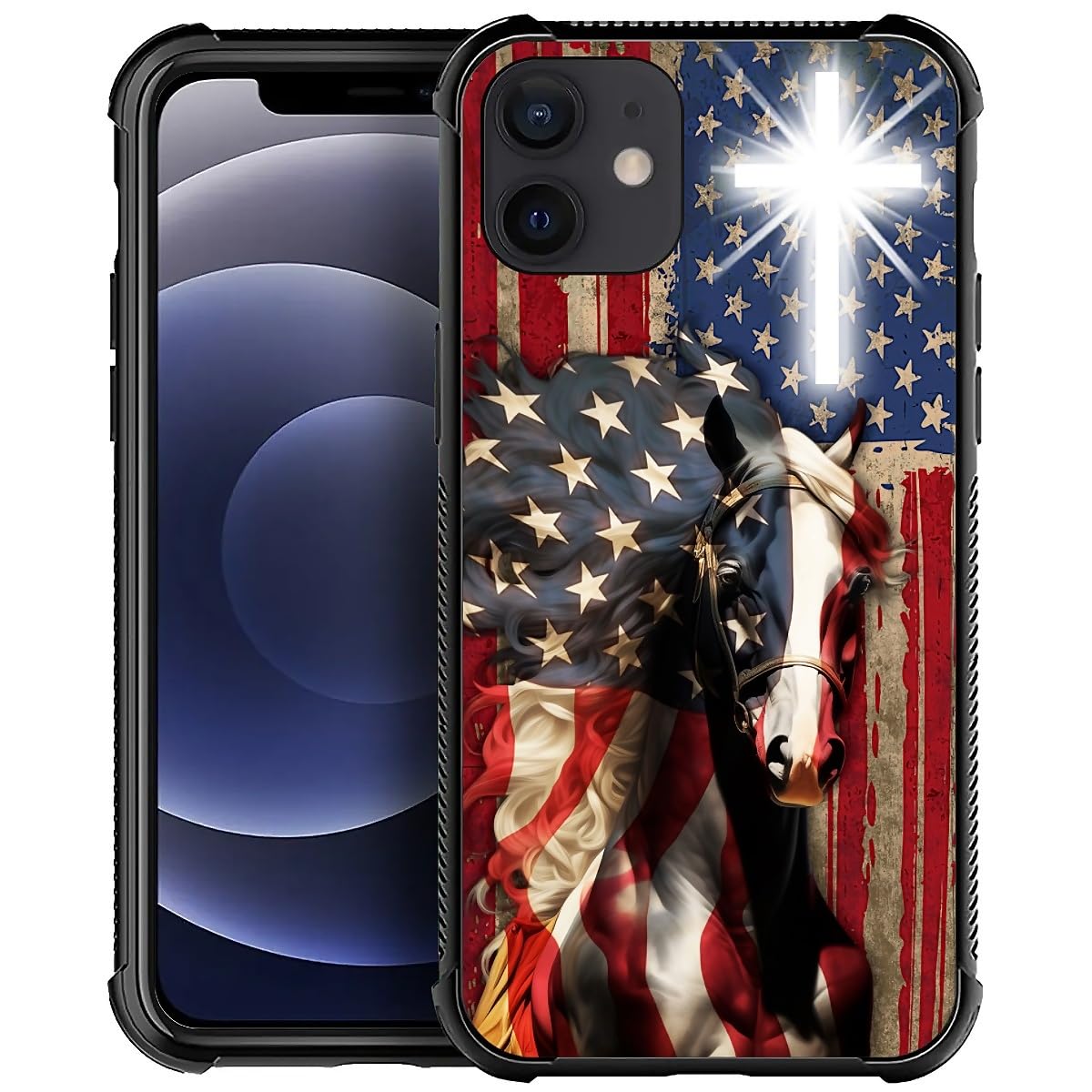 Fkbrcl4U For Iphone 12/12 Pro Case, Red American Flag Horse Cross Pattern Graphic Design Girl Boy Soft Silicone Hard Acrylic Sho