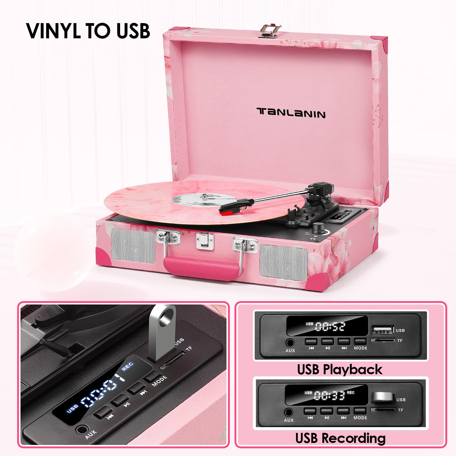 Record Player   3 Speed Turntable Portable Suitcase Vinyl Record Player With Bluetooth, Usb Recording, Built In Speakers, Headph