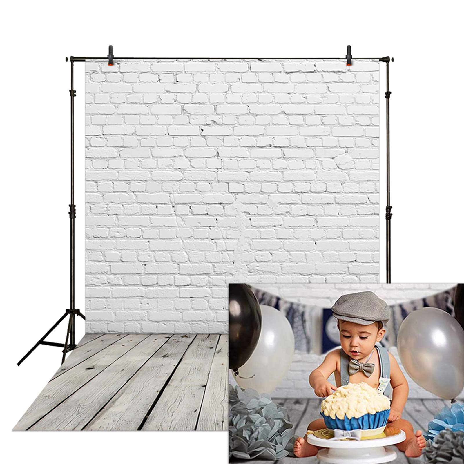 Allenjoy Fabric 5X7Ft White Brick Wall With Wooden Floor Photography Backdrop Photo Background Prop For Newborn Baby Photoshoot