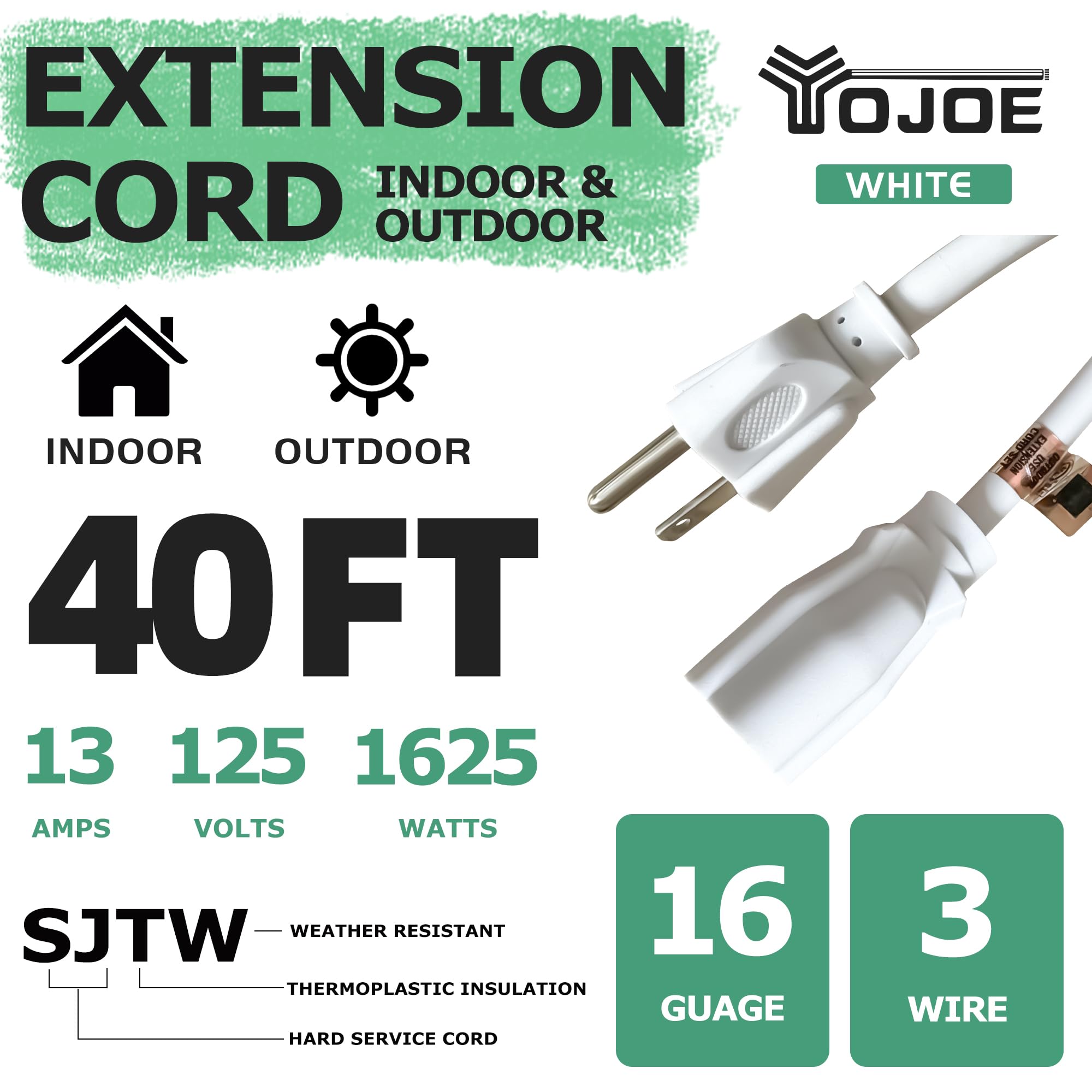 Yojoe Indoor Outdoor Extension Cord, 3 Prong 13A Weatherproof Power Extension Cord, 16 Gauge Heavy Duty 40 Ft White Extension Co